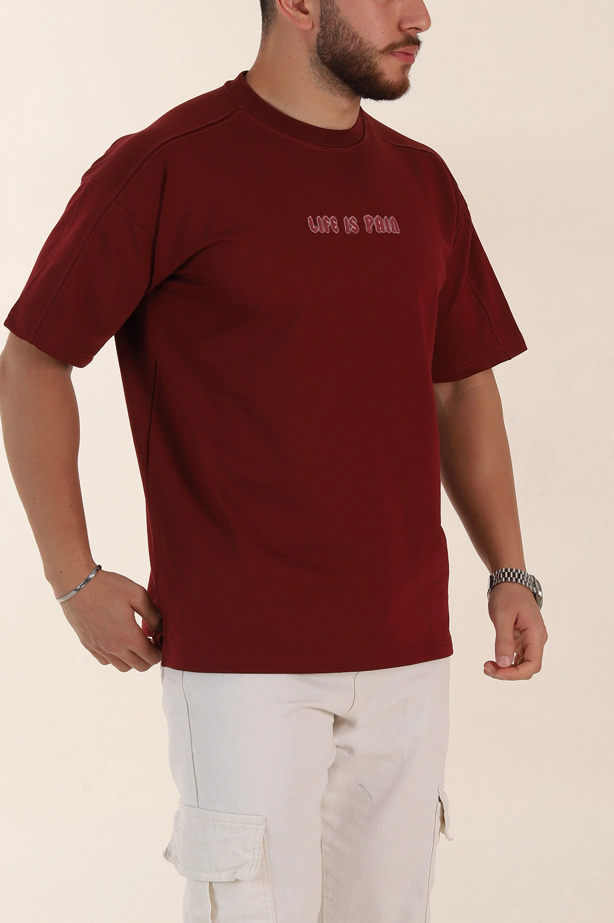 Bordo Relaxed Fit İnterlok Kumaş Yazı Detaylı Erkek Tişört 359313