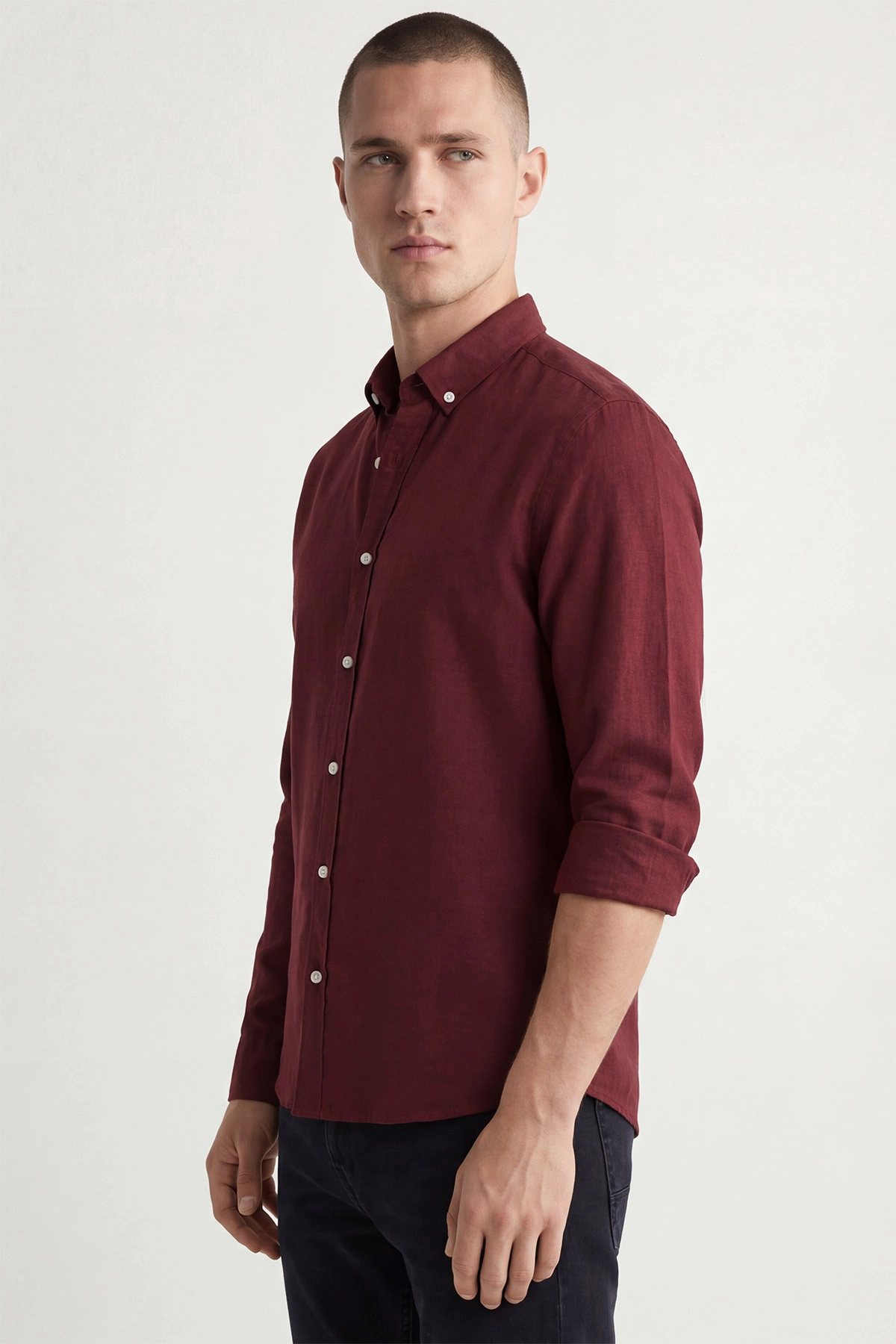 Bordo Relaxed Fit Keten Ata Yaka Erkek Gömlek 435841