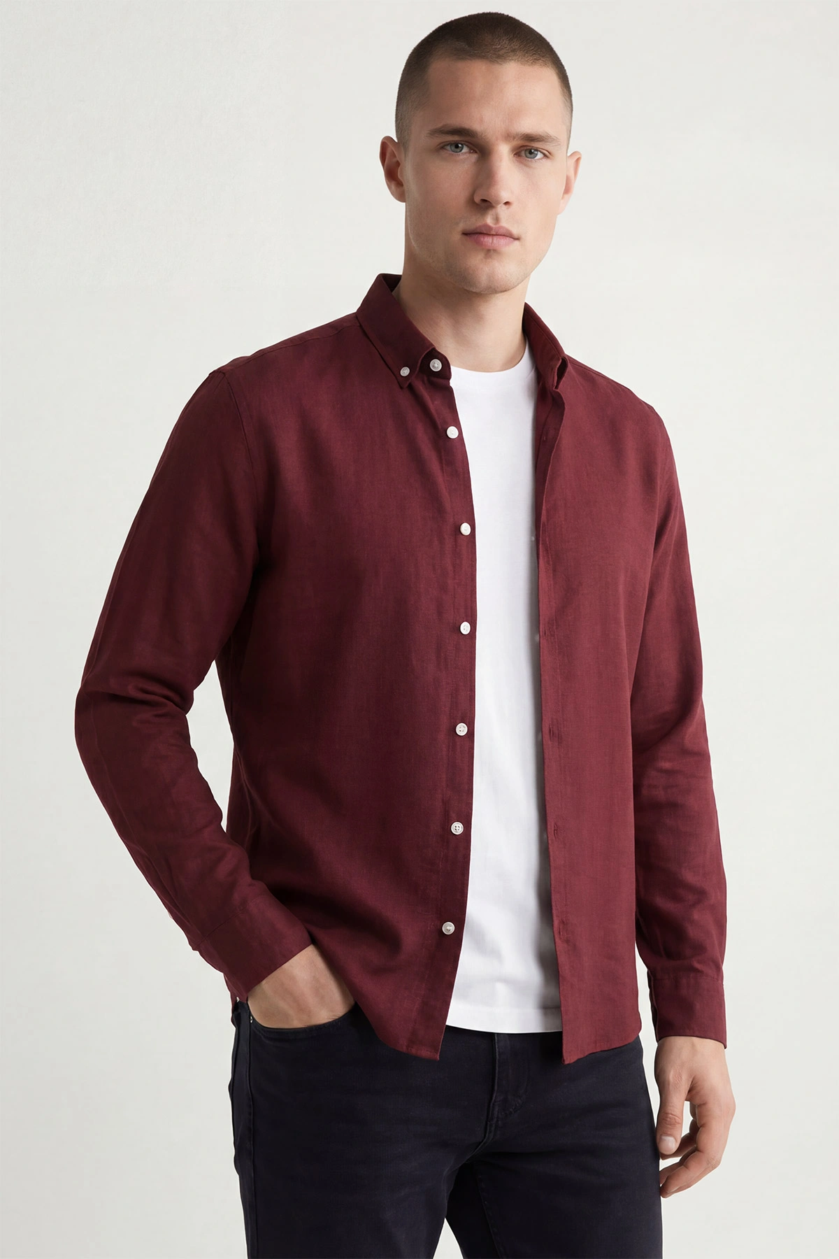 Bordo Relaxed Fit Keten Ata Yaka Erkek Gömlek 435841