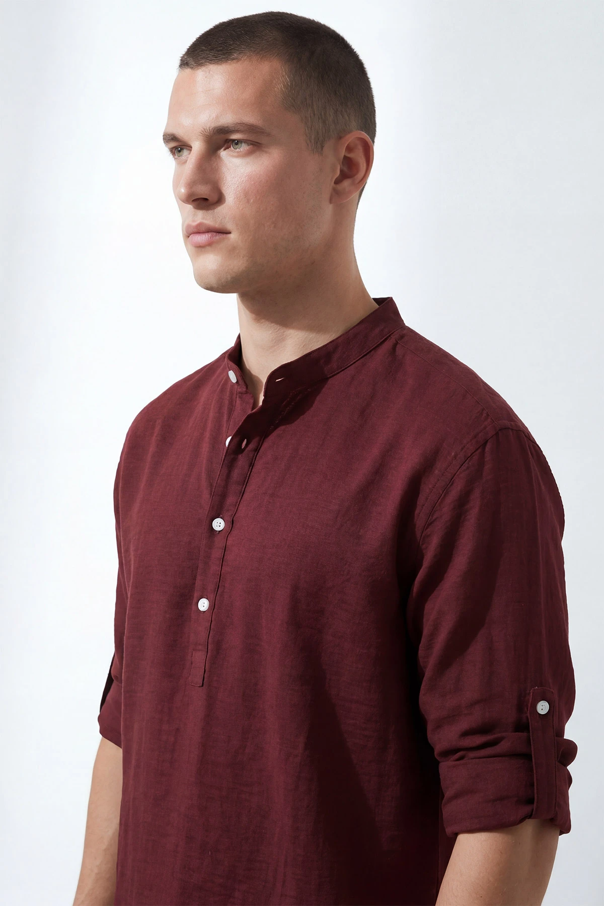 Bordo Relaxed Fit Keten Yarım Düğmeli Hakim Yaka Erkek Gömlek 435880