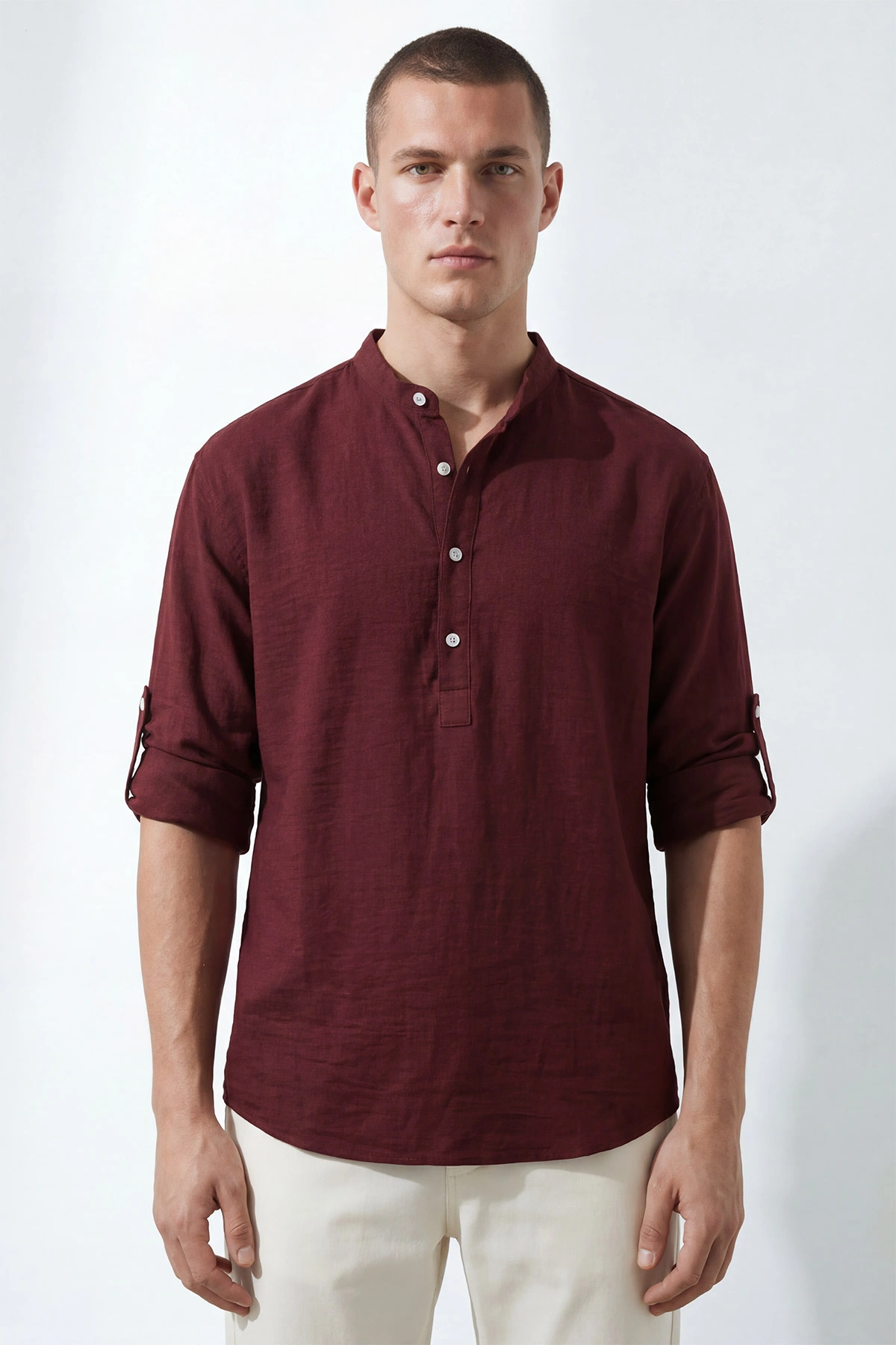 Bordo Relaxed Fit Keten Yarım Düğmeli Hakim Yaka Erkek Gömlek 435880