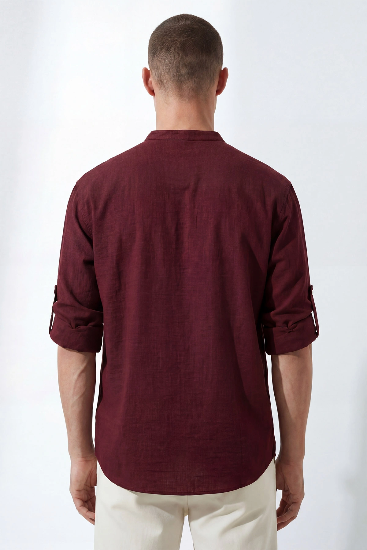 Bordo Relaxed Fit Keten Yarım Düğmeli Hakim Yaka Erkek Gömlek 435880
