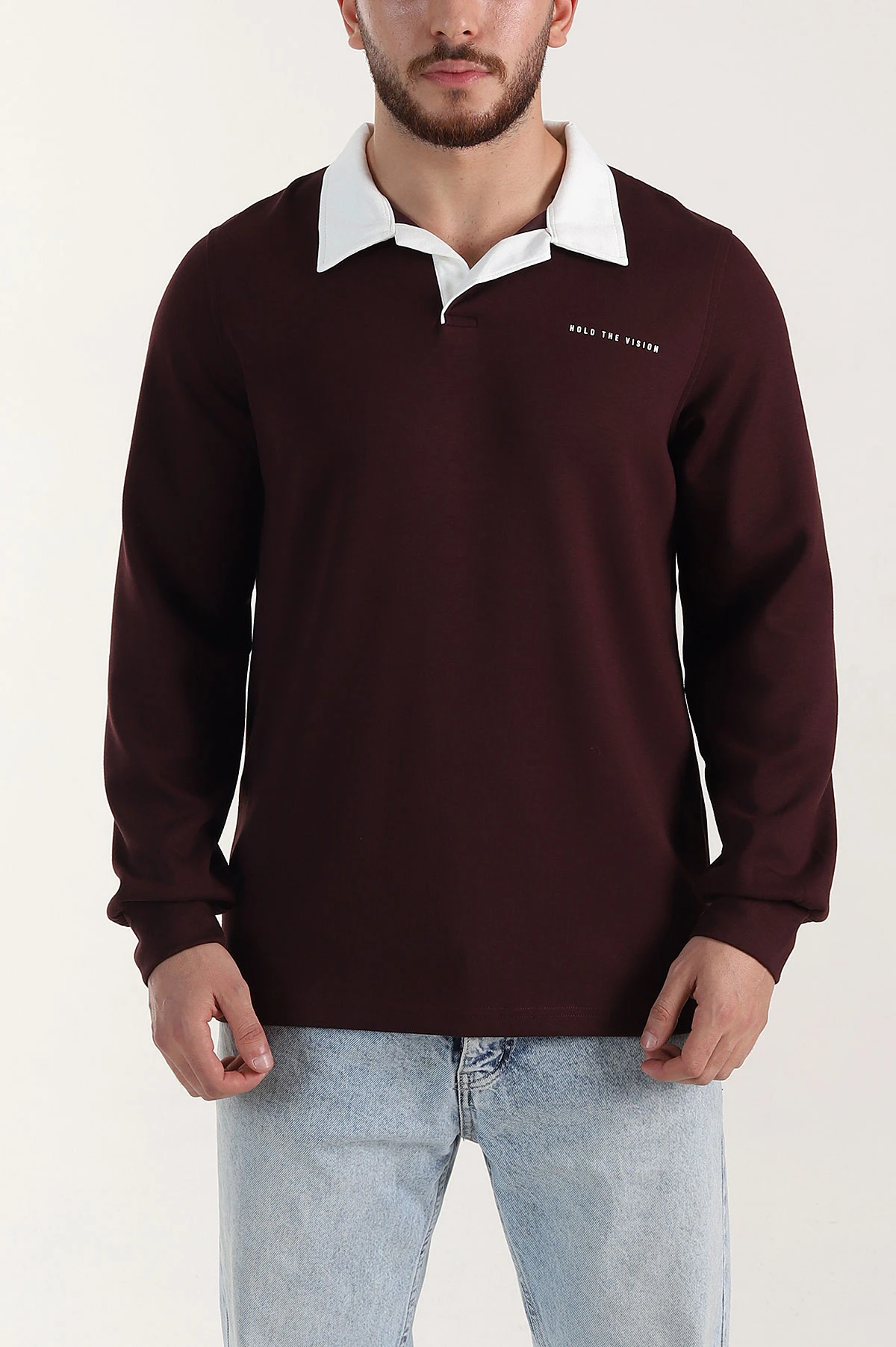 Bordo Relaxed Fit Oysho Kumaş Kabartma Yazılı Polo Yaka Erkek Sweatshirt 399586