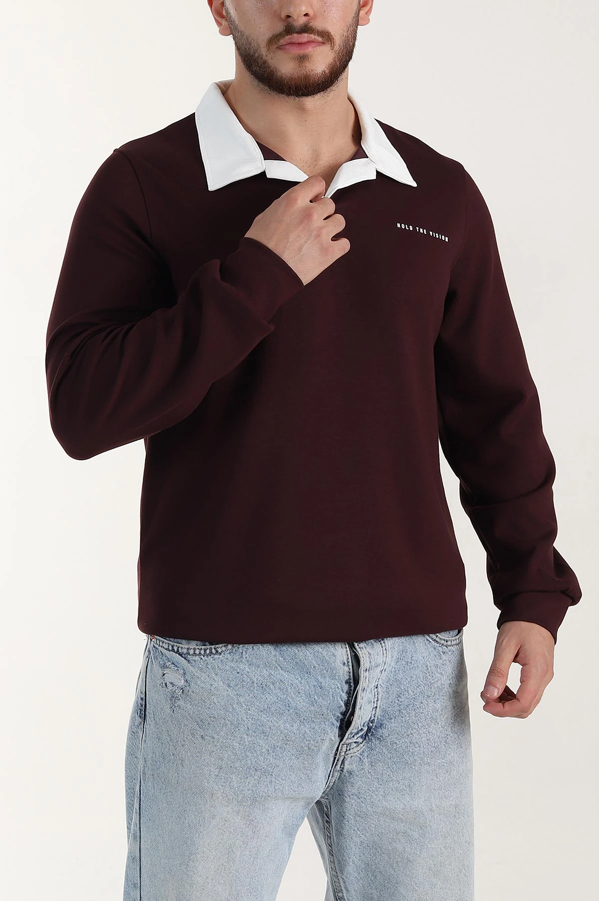 Bordo Relaxed Fit Oysho Kumaş Kabartma Yazılı Polo Yaka Erkek Sweatshirt 399586