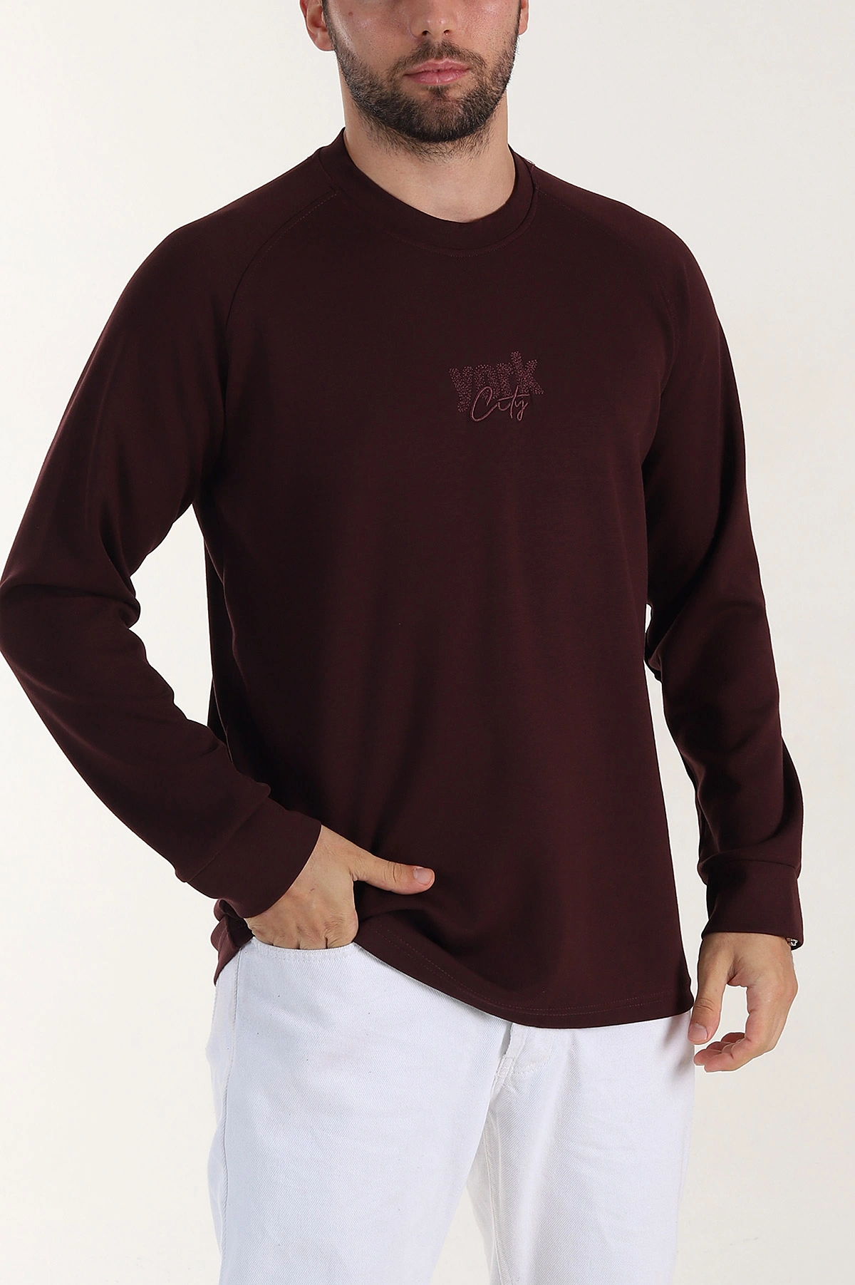 Bordo Relaxed Fit Oysho Kumaş Nakış Detaylı Erkek Sweatshirt 399467