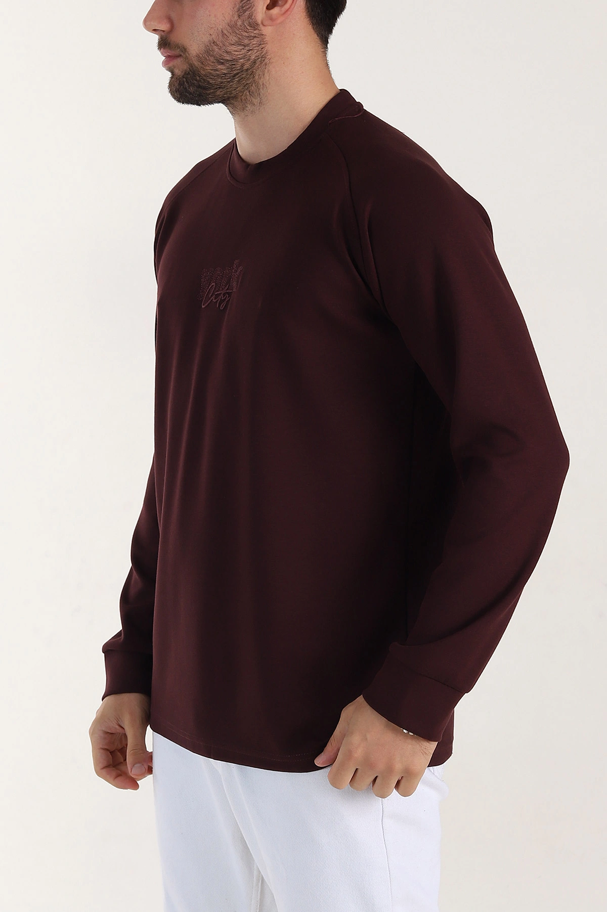 Bordo Relaxed Fit Oysho Kumaş Nakış Detaylı Erkek Sweatshirt 399467