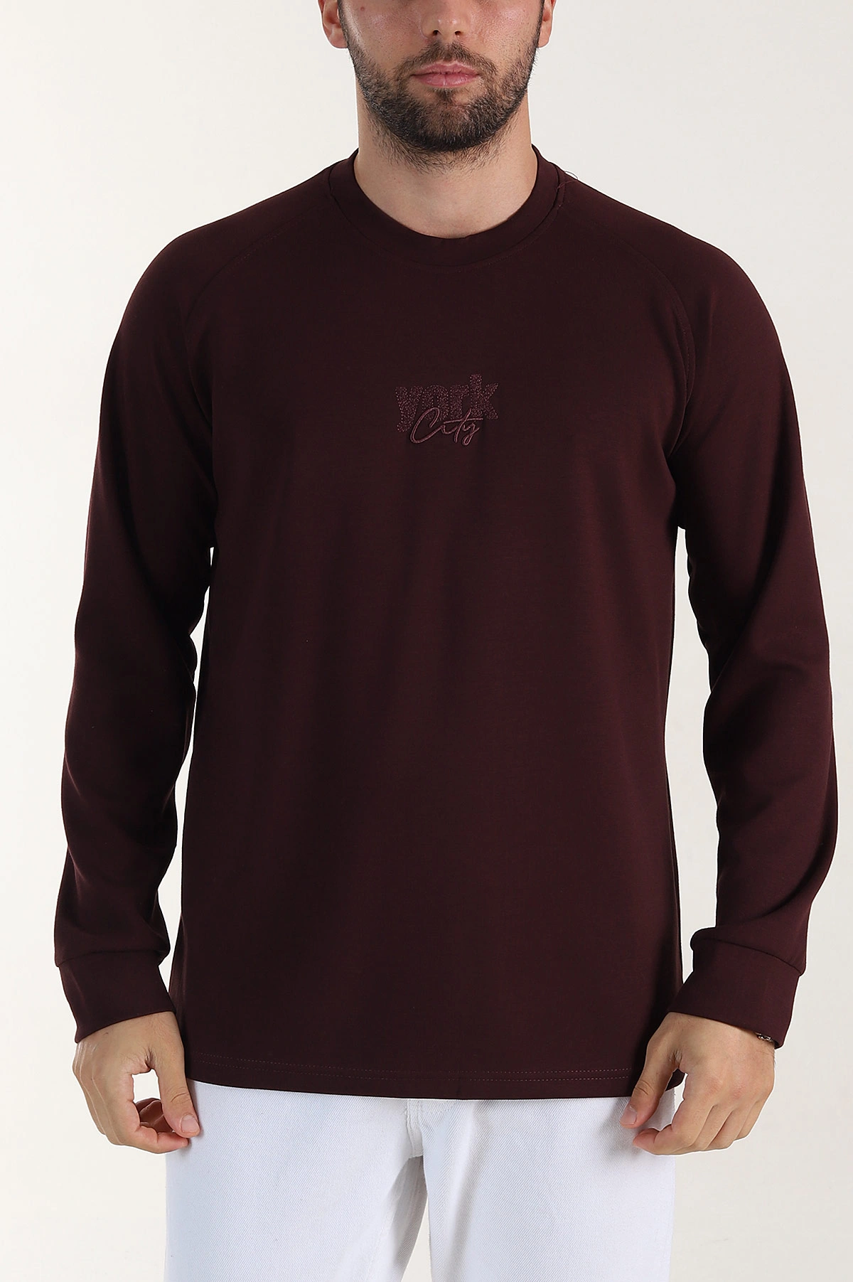 Bordo Relaxed Fit Oysho Kumaş Nakış Detaylı Erkek Sweatshirt 399467