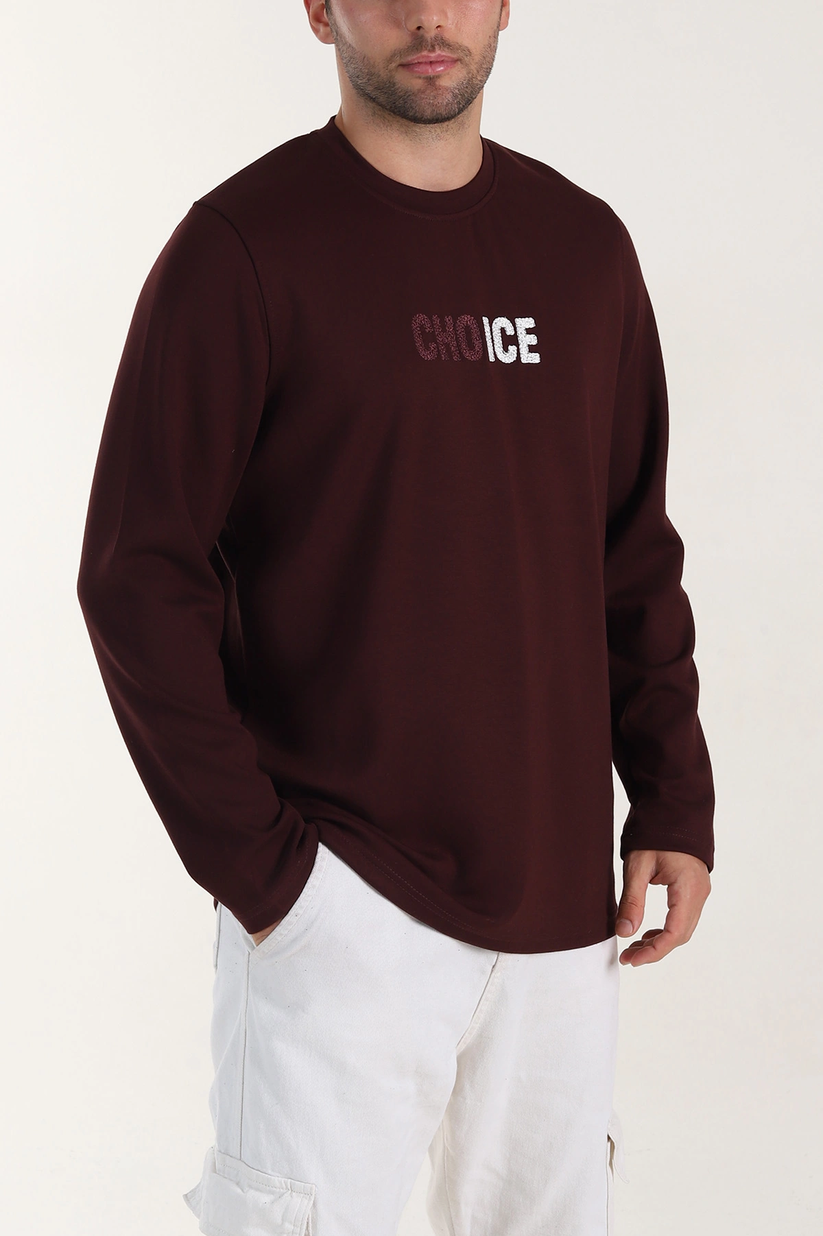 Bordo Relaxed Fit Oysho Kumaş Nakışlı Yazı Detay Erkek Sweatshirt 399388