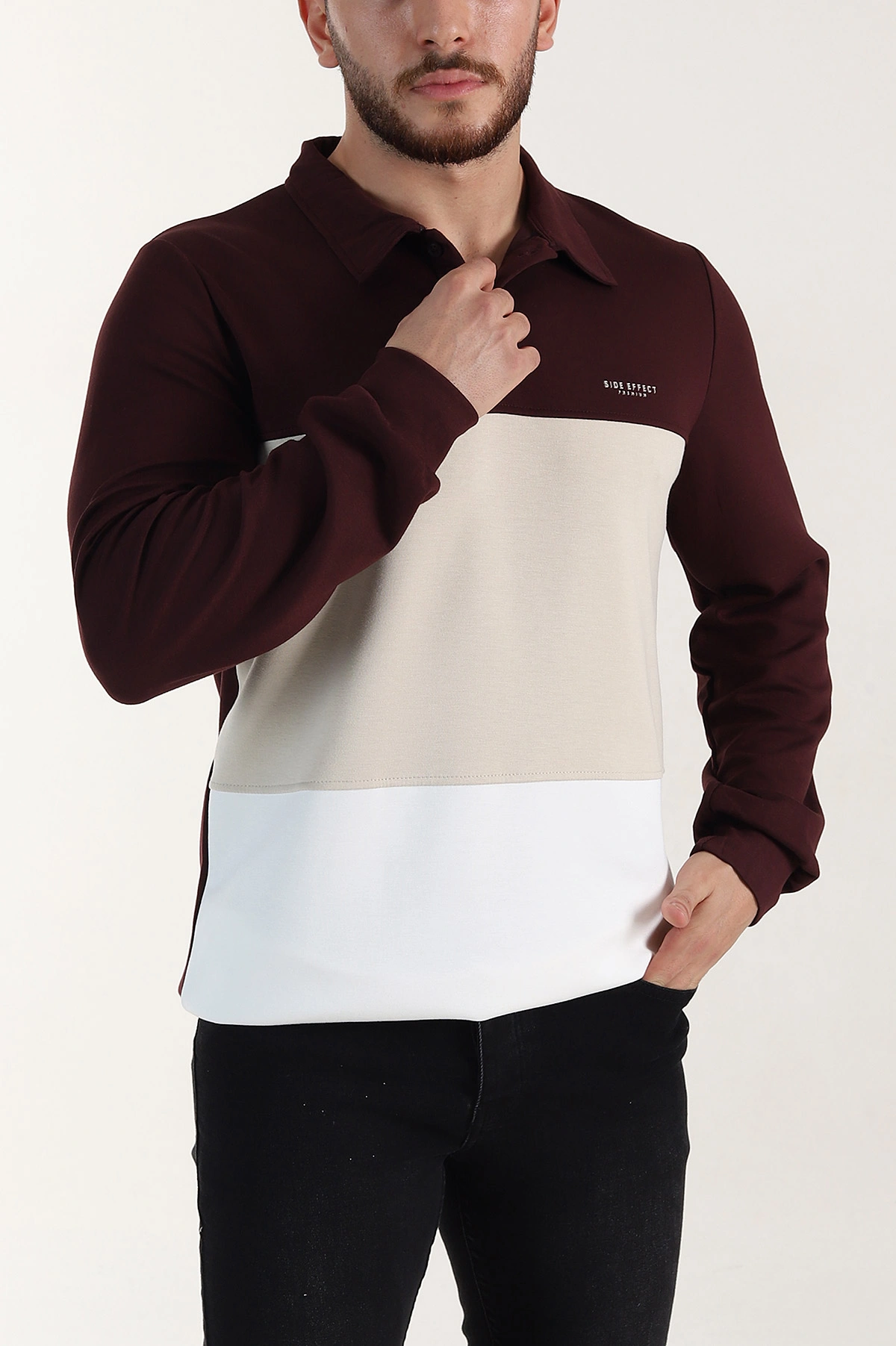 Bordo Relaxed Fit Oysho Kumaş Üç Renkli Polo Yaka Sweatshirt 399541