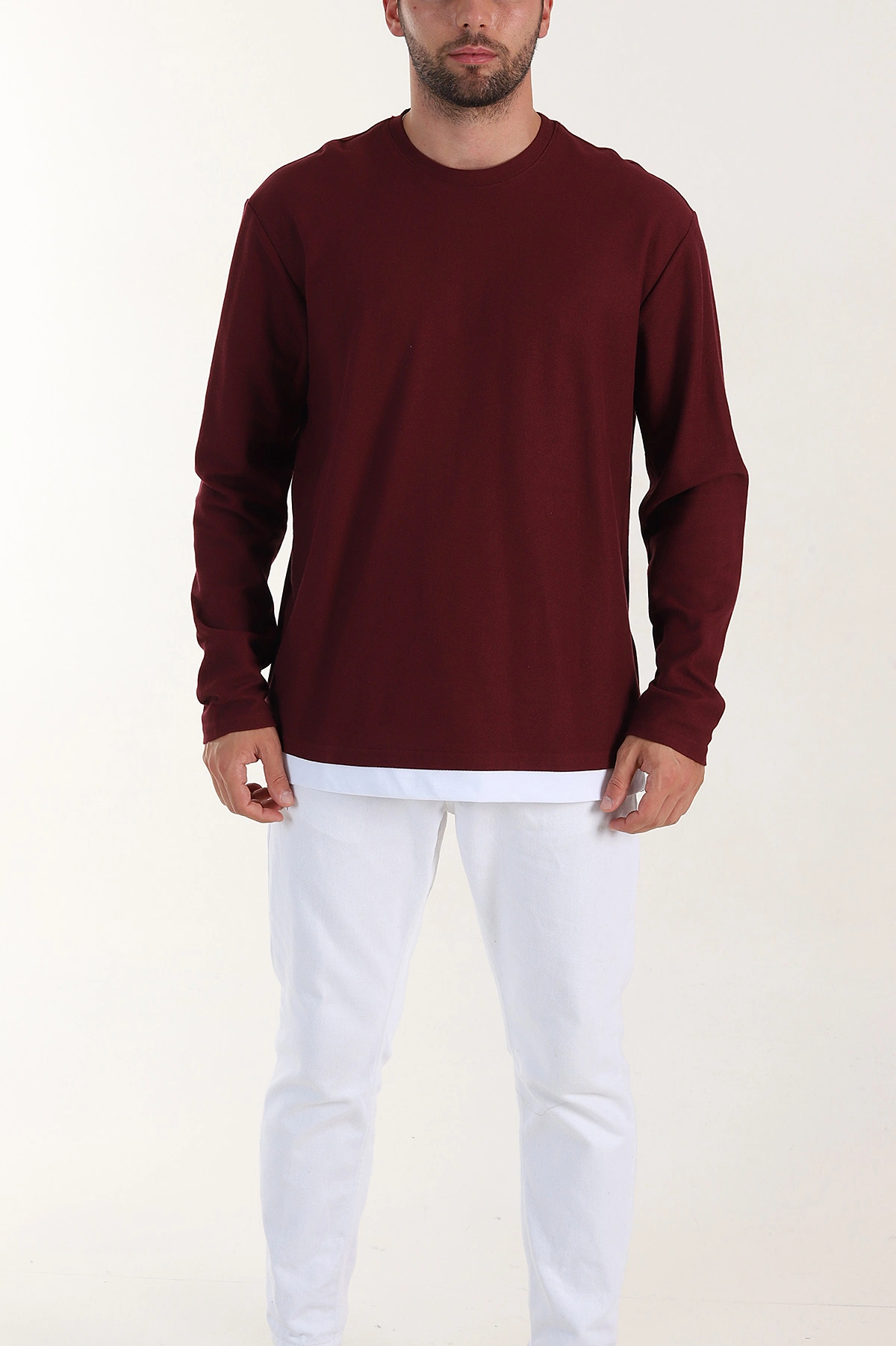 Bordo Relaxed Fit Pike Dokulu Basic Erkek Sweatshirt 398894