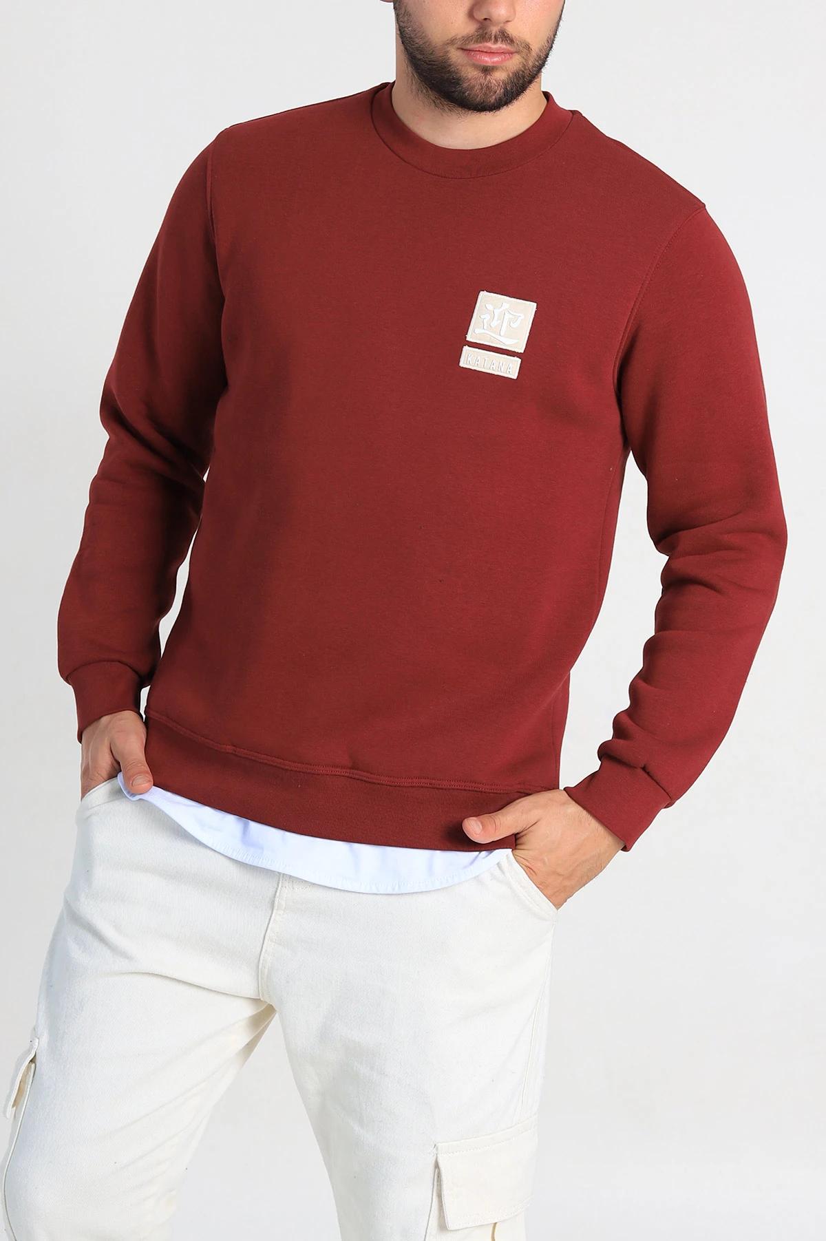 Bordo Relaxed Fit Üç İp Şardonlu Kabartma Detaylı Erkek Sweatshirt 309877