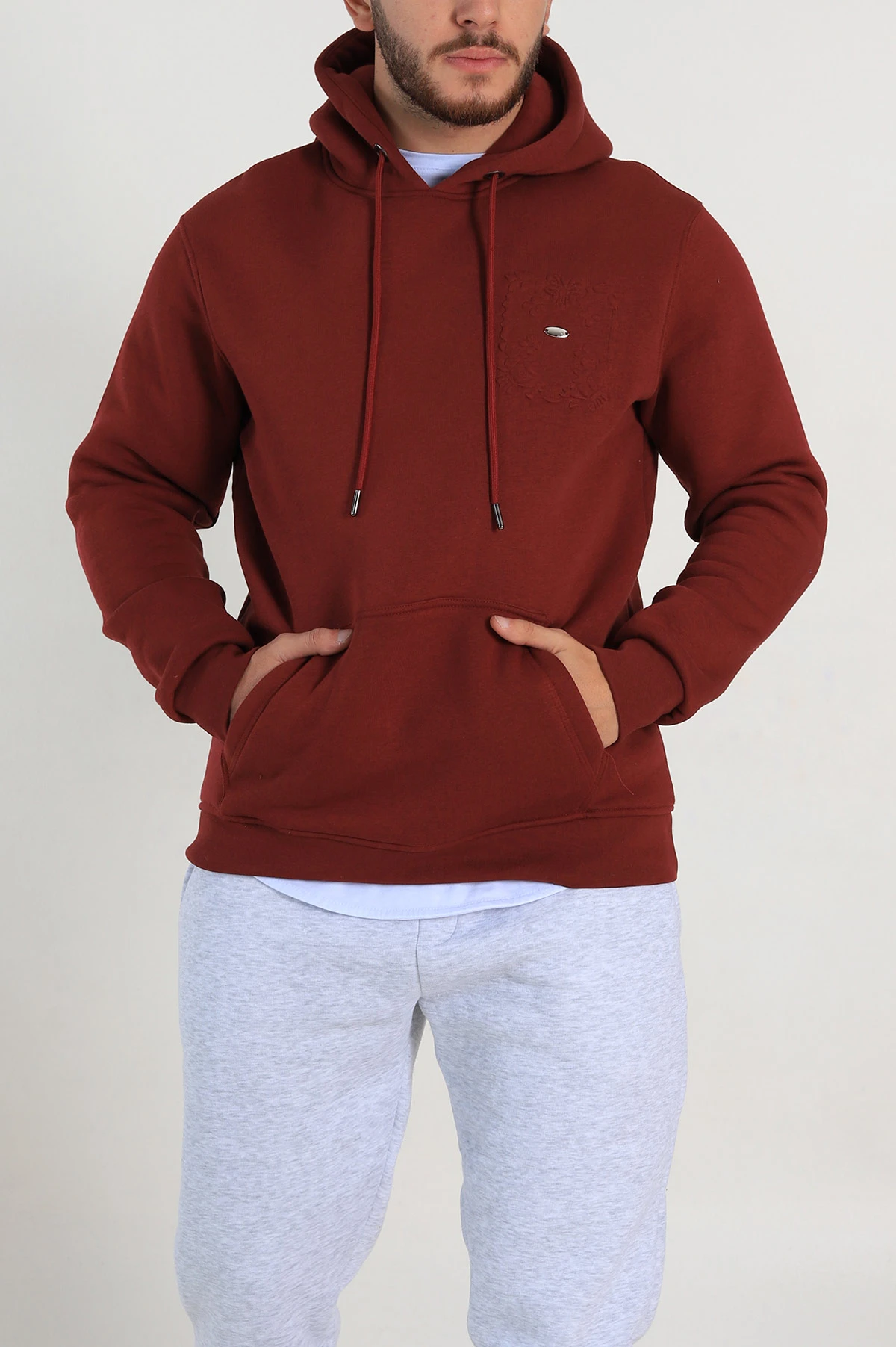 Bordo Relaxed Fit Üç İp Şardonlu Kabartma Detaylı Erkek Sweatshirt 311122