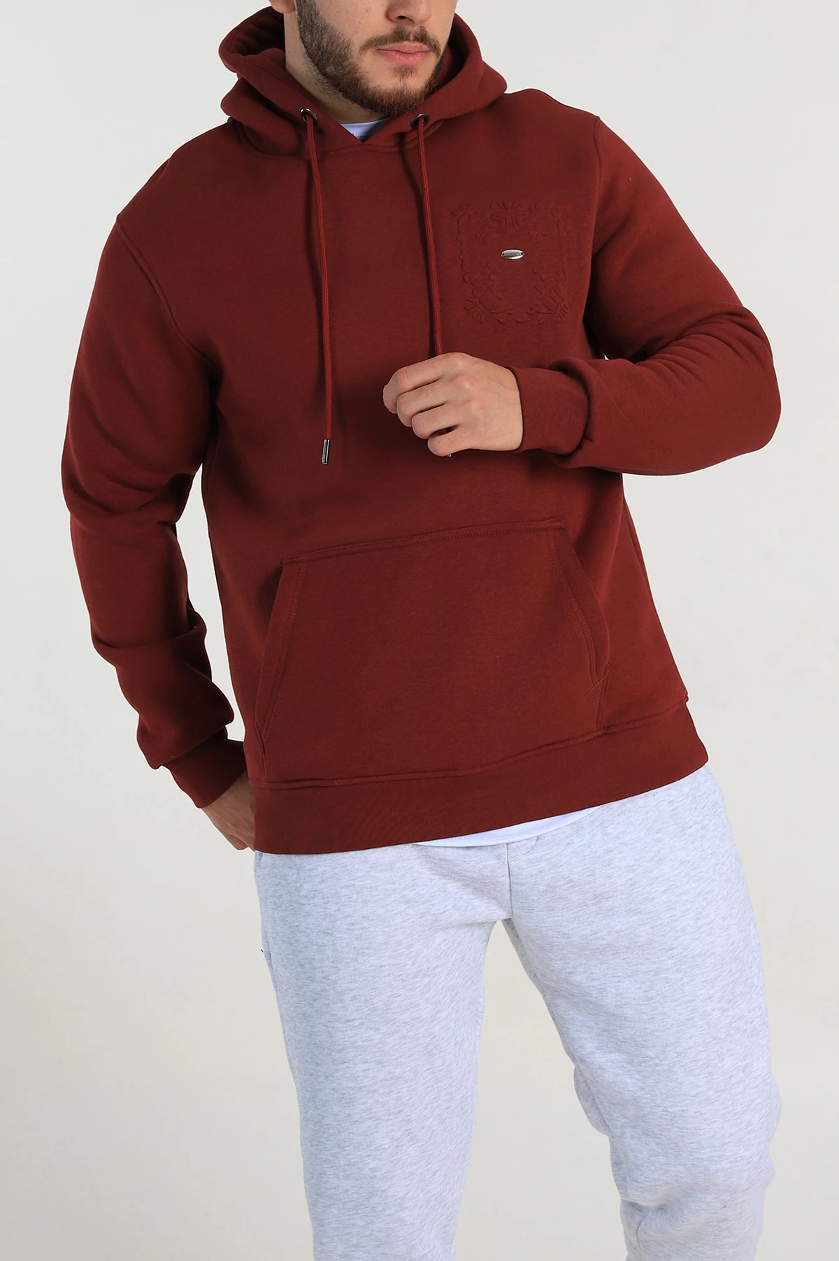 Bordo Relaxed Fit Üç İp Şardonlu Kabartma Detaylı Erkek Sweatshirt 311122