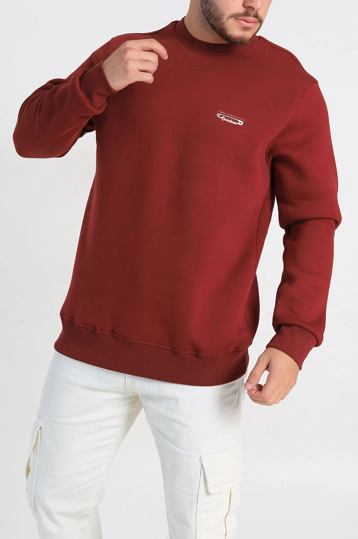 Bordo Relaxed Fit Üç İp Şardonlu Kabartma Yazı Detay Erkek Sweatshirt 310404