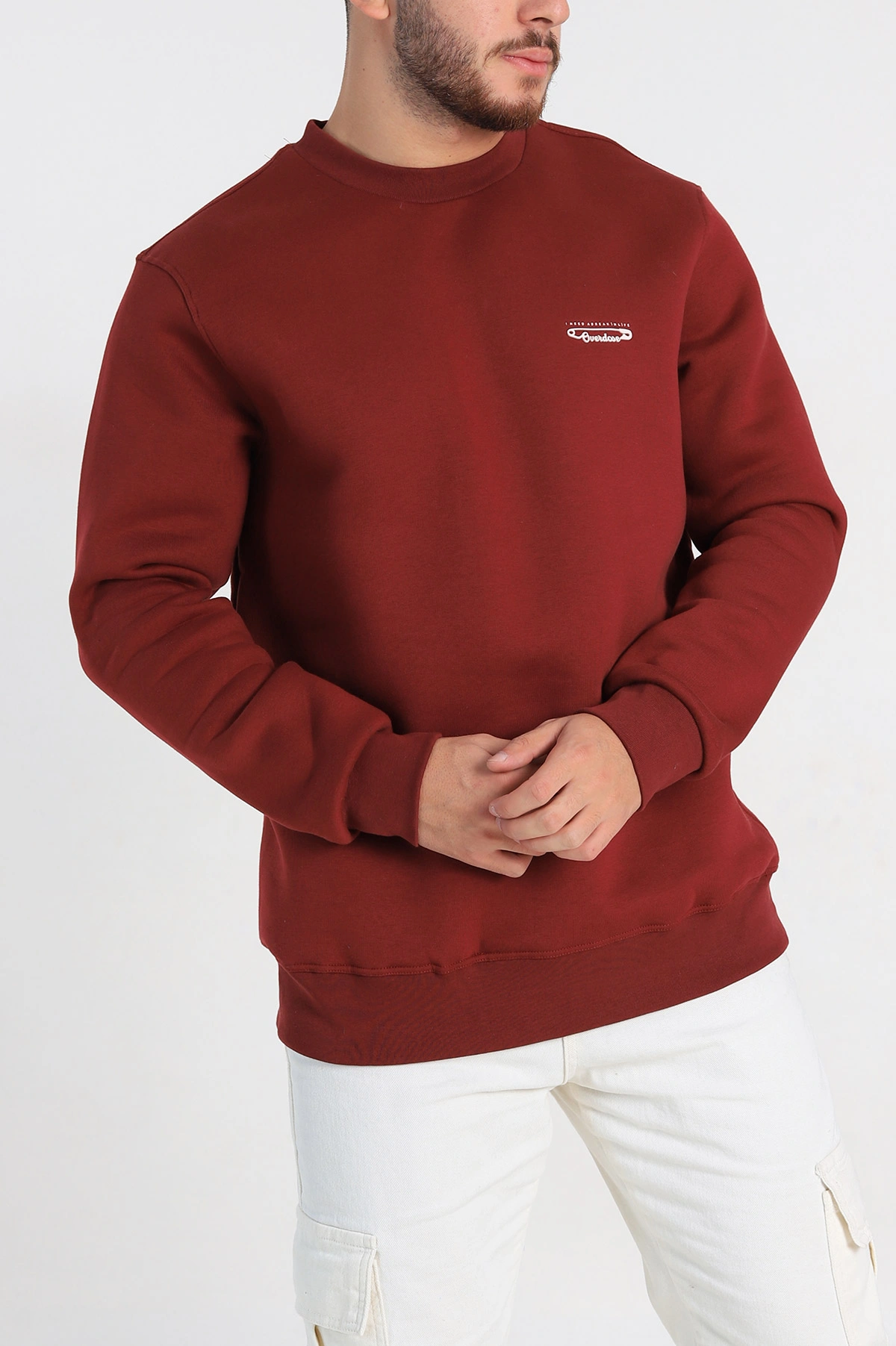 Bordo Relaxed Fit Üç İp Şardonlu Kabartma Yazı Detay Erkek Sweatshirt 310404
