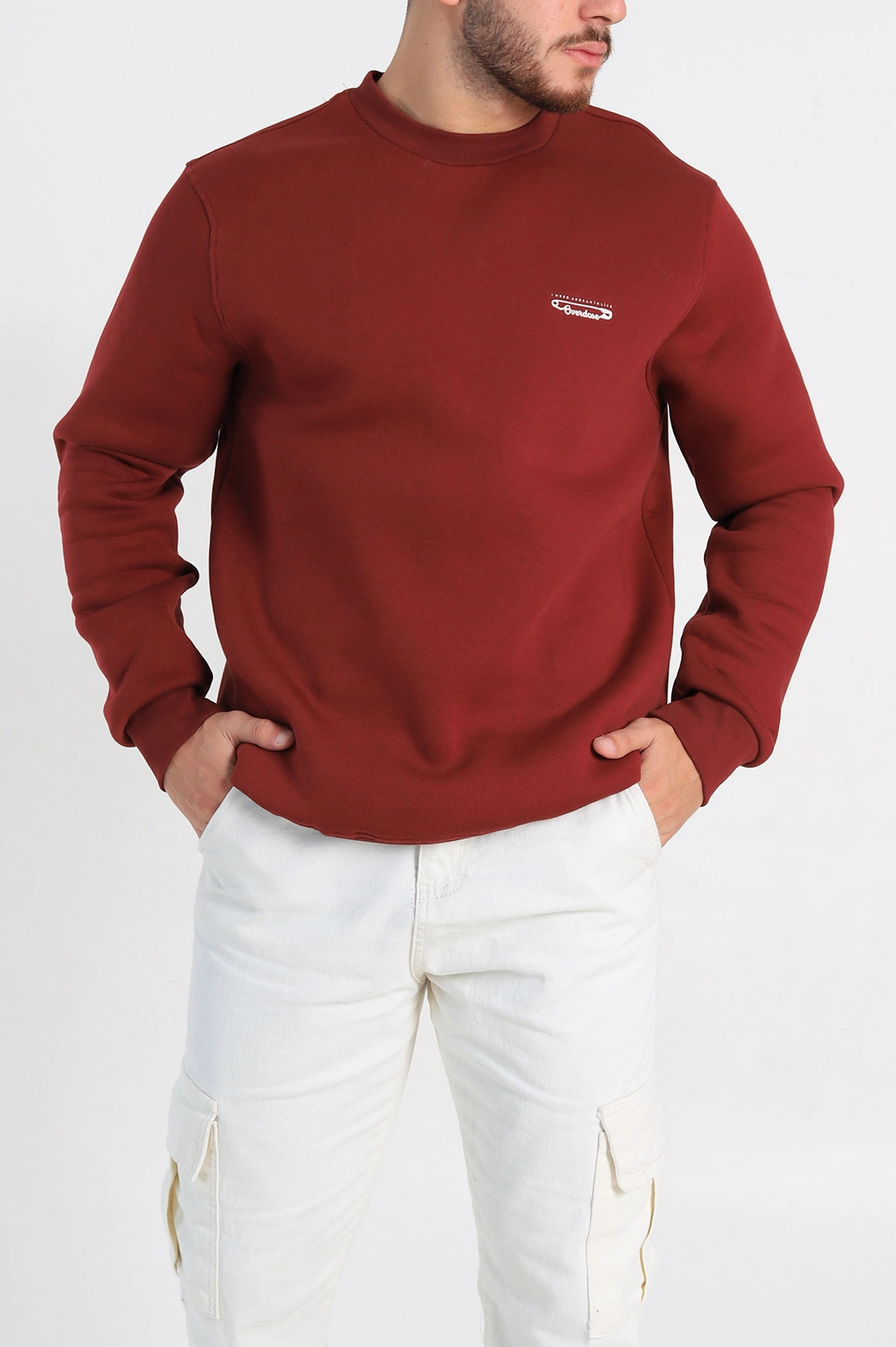 Bordo Relaxed Fit Üç İp Şardonlu Kabartma Yazı Detay Erkek Sweatshirt 310404