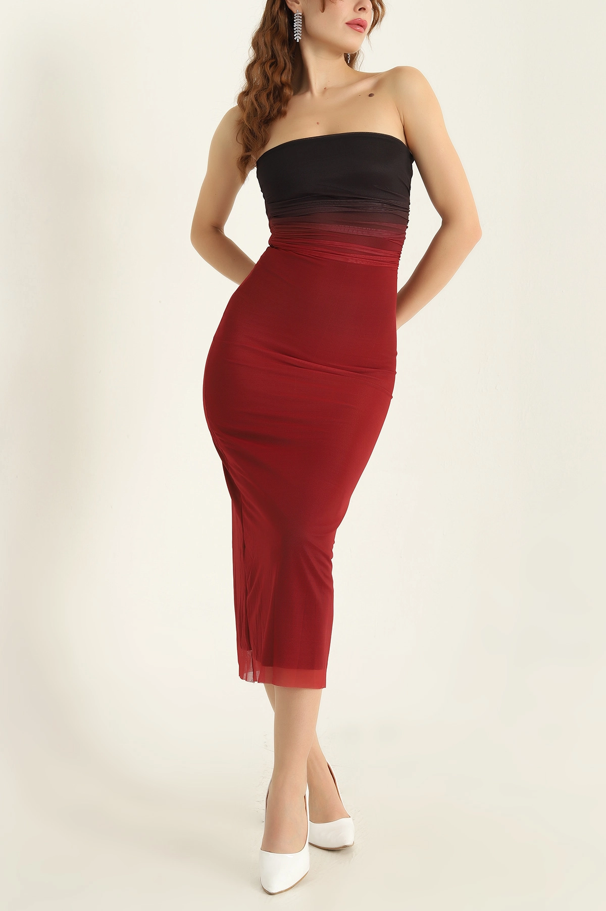 Bordo Renk Geçişli Astarlı Tül Elbise 318325