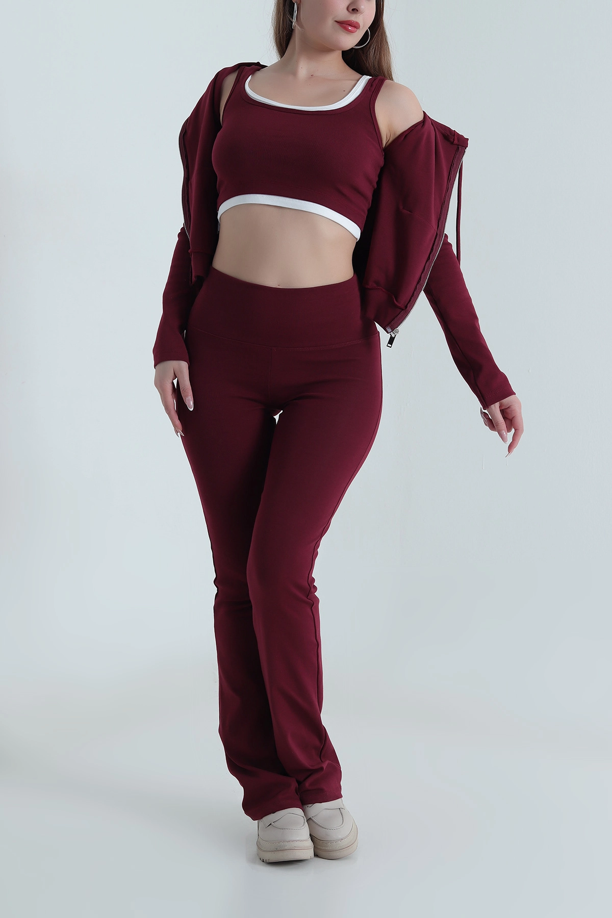 Bordo Ribana Likralı Kadın Üçlü Takım 489589