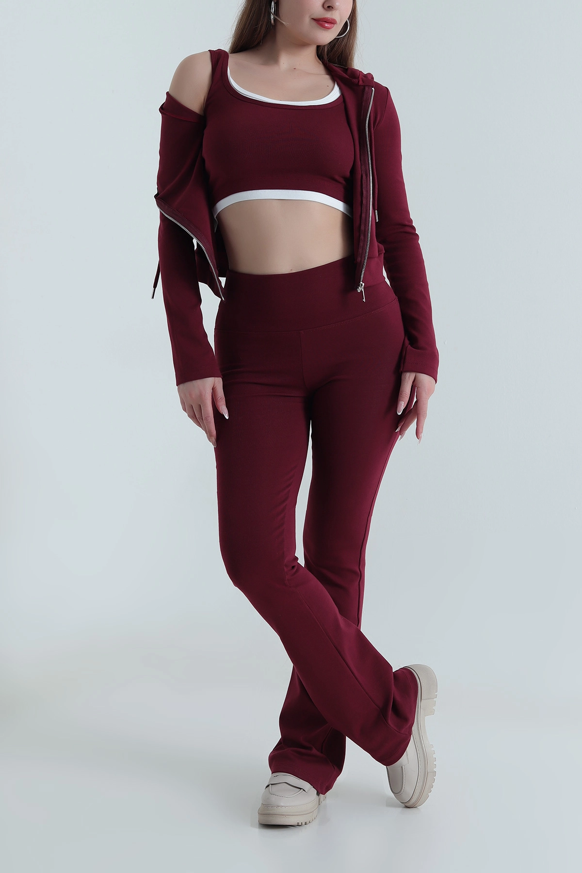 Bordo Ribana Likralı Kadın Üçlü Takım 489589