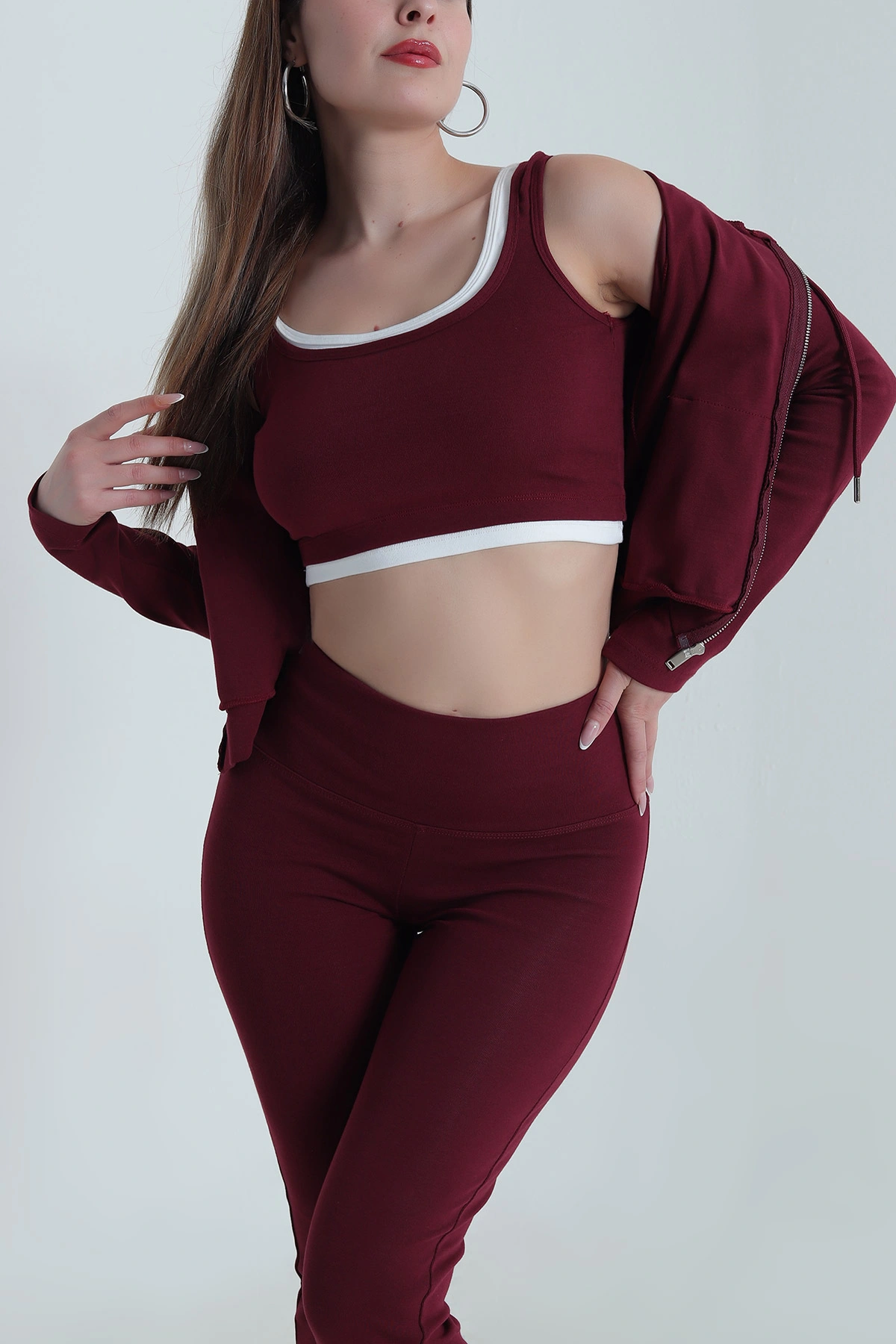 Bordo Ribana Likralı Kadın Üçlü Takım 489589