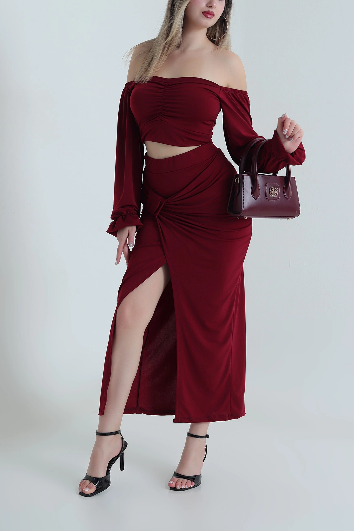 Bordo Sandy Crop Etek Kadın İkili Takım 488675