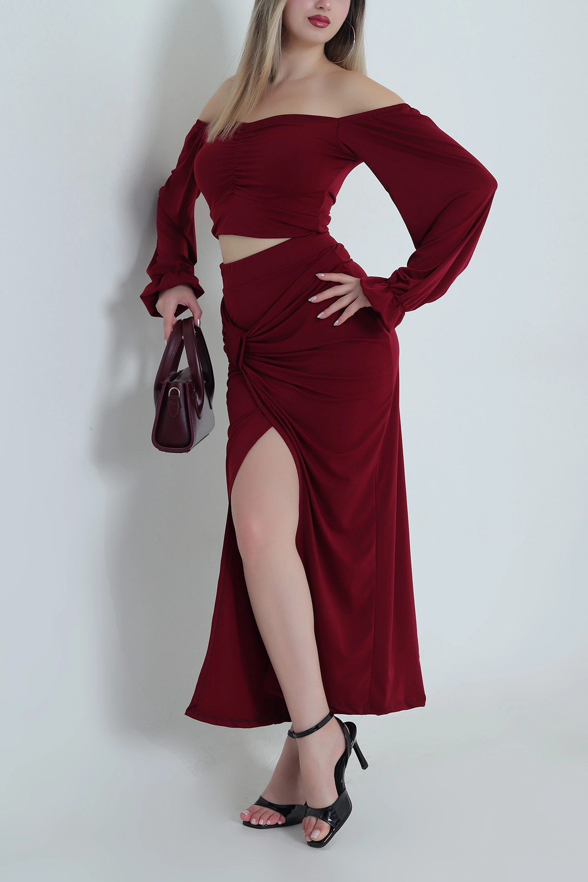 Bordo Sandy Crop Etek Kadın İkili Takım 488675