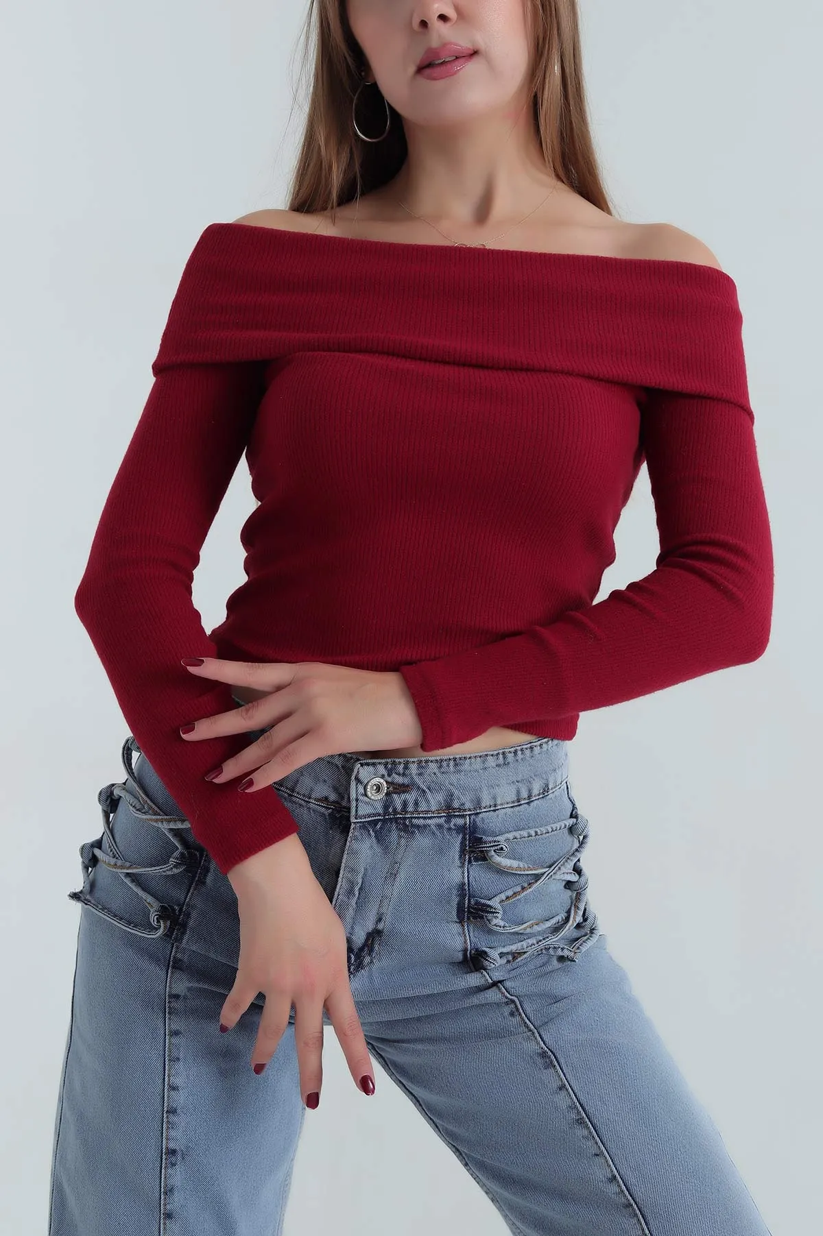 Bordo Şardonlu Fitilli Madonna Yaka Triko Bluz 391153