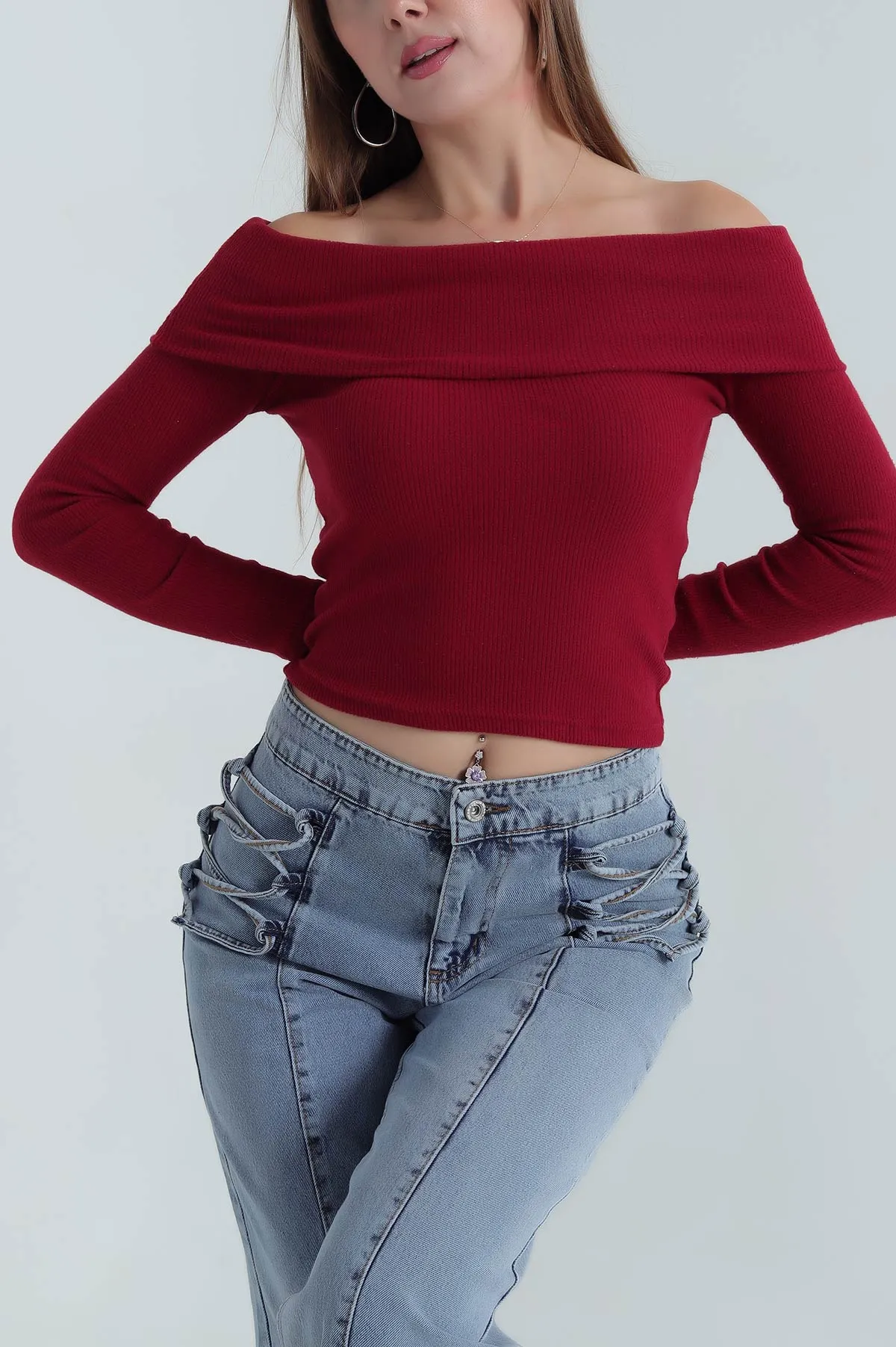 Bordo Şardonlu Fitilli Madonna Yaka Triko Bluz 391153