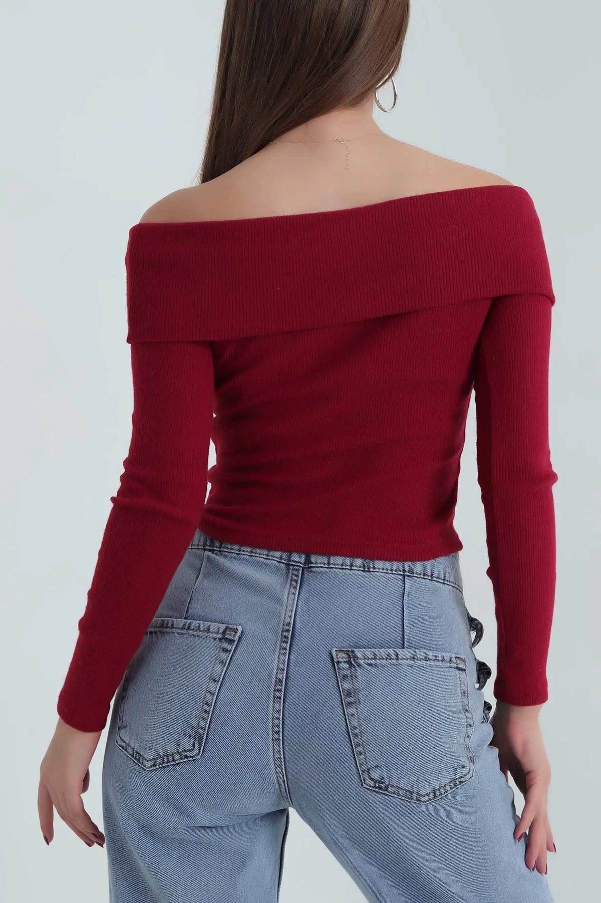 Bordo Şardonlu Fitilli Madonna Yaka Triko Bluz 391153