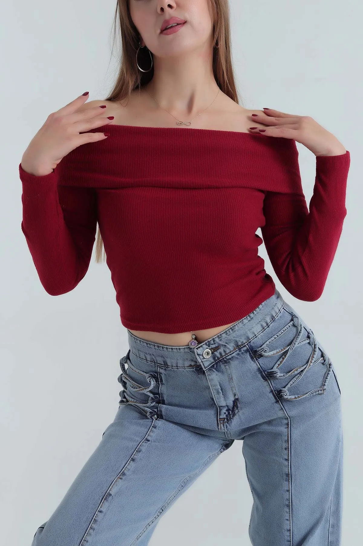 Bordo Şardonlu Fitilli Madonna Yaka Triko Bluz 391153