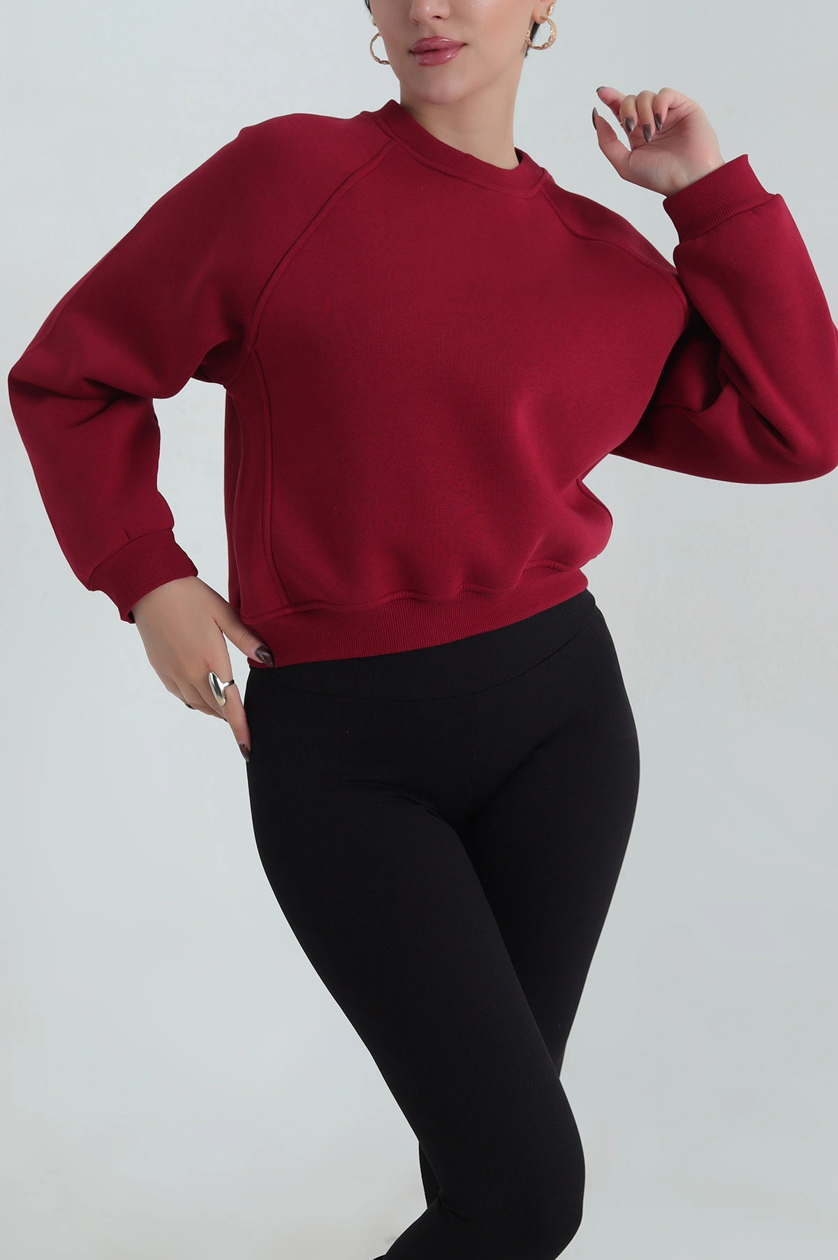Bordo Şardonlu Kadın Fermuarsız Sweat 412250