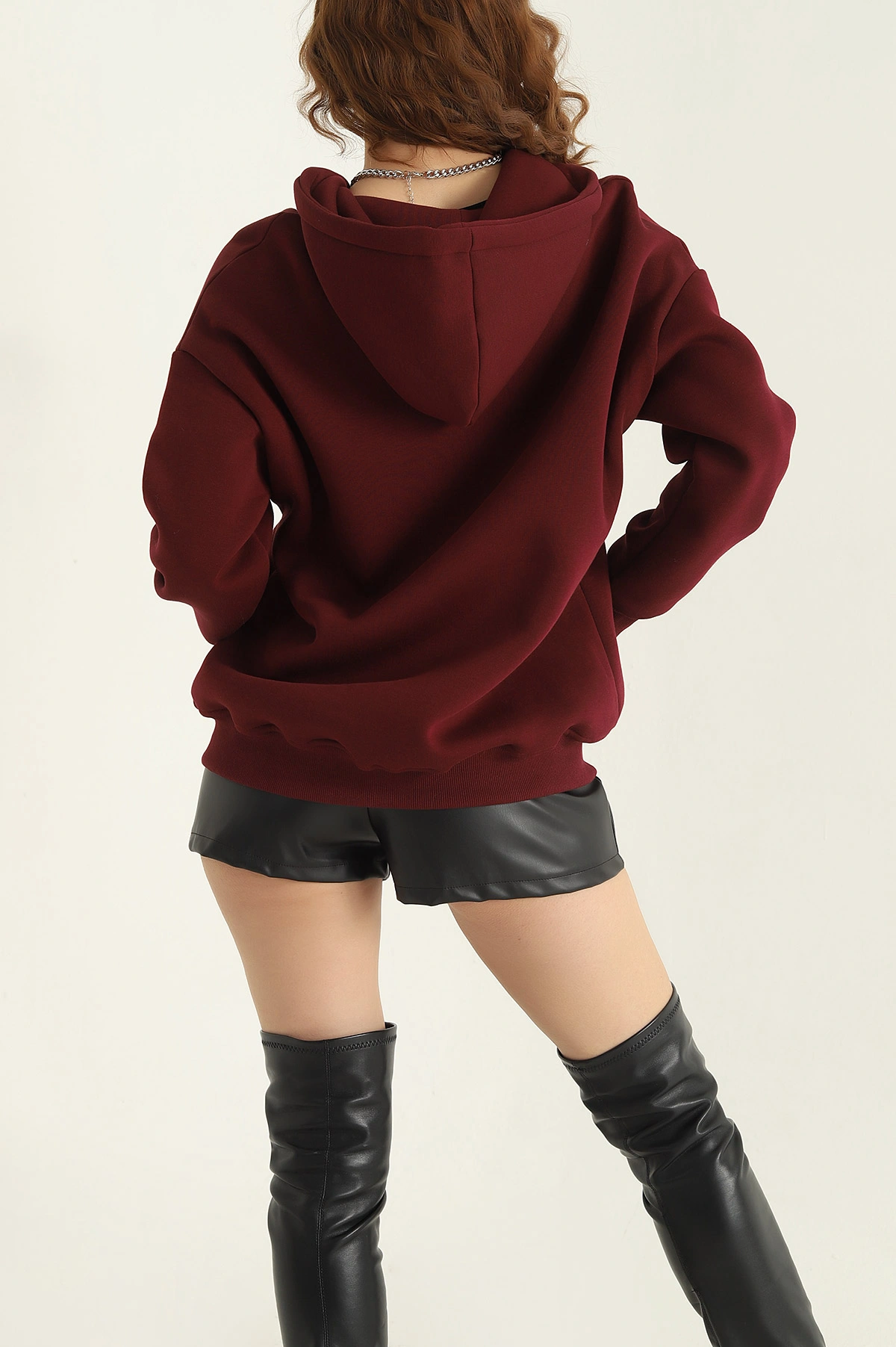 Bordo Şardonlu Kapşonlu Üç İp Bayan Sweat 318382