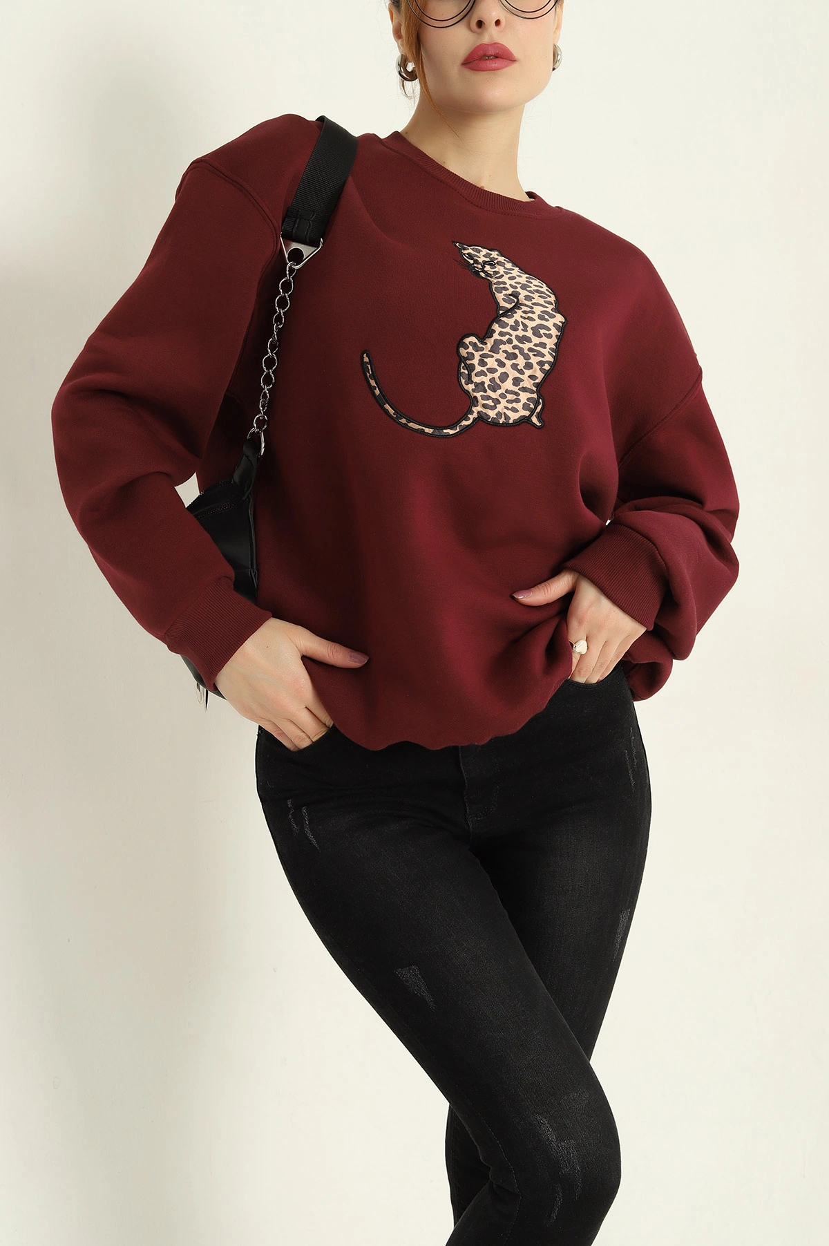 Bordo Şardonlu Leopar Desenli Üç İp Bayan Sweat 331740
