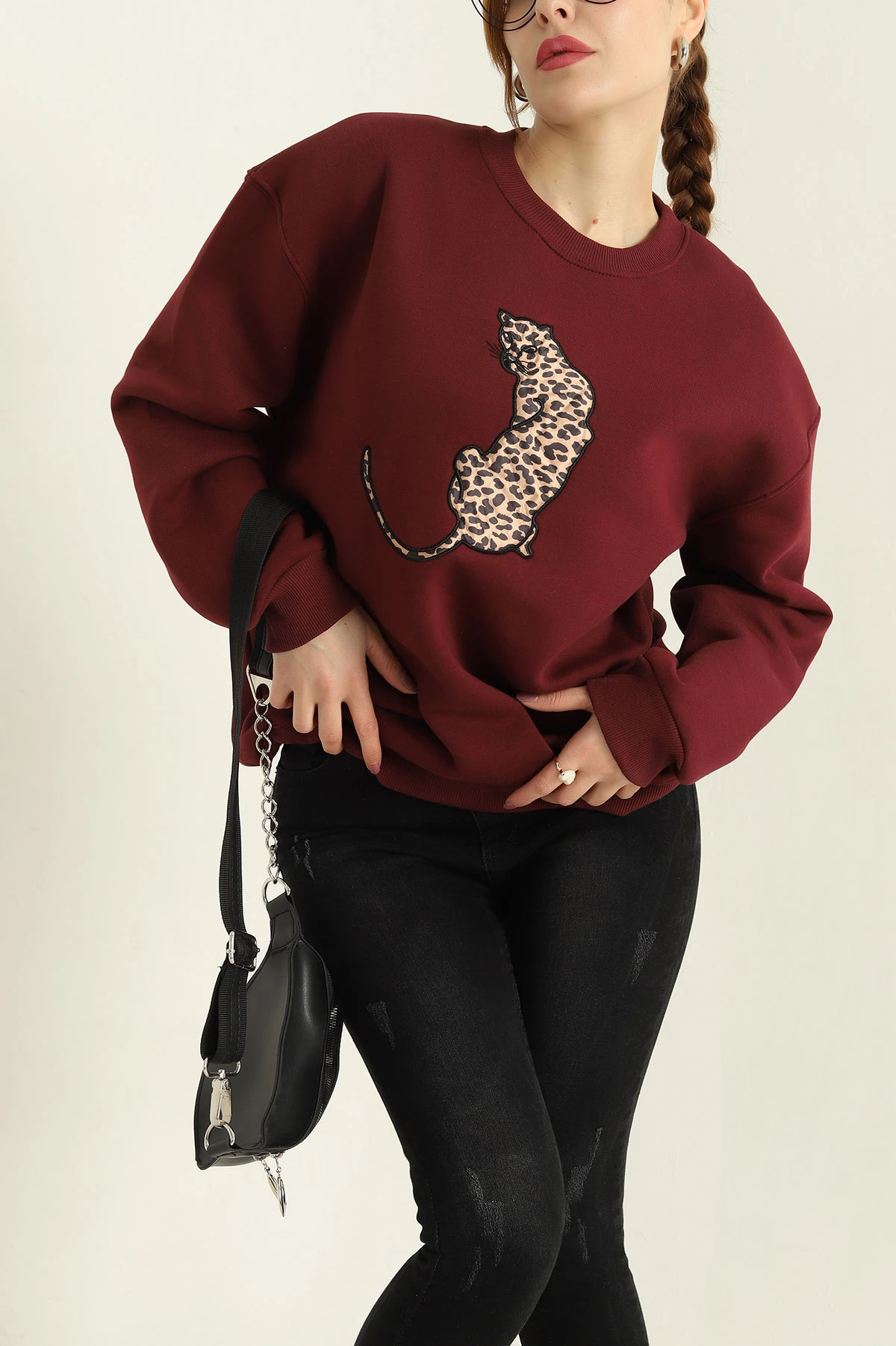 Bordo Şardonlu Leopar Desenli Üç İp Bayan Sweat 331740