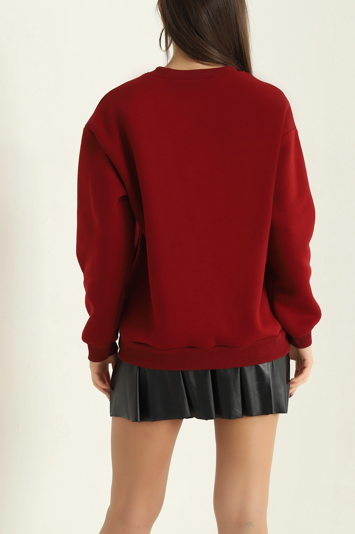Bordo Şardonlu Nakışlı Üç İp Bayan Sweat 330413