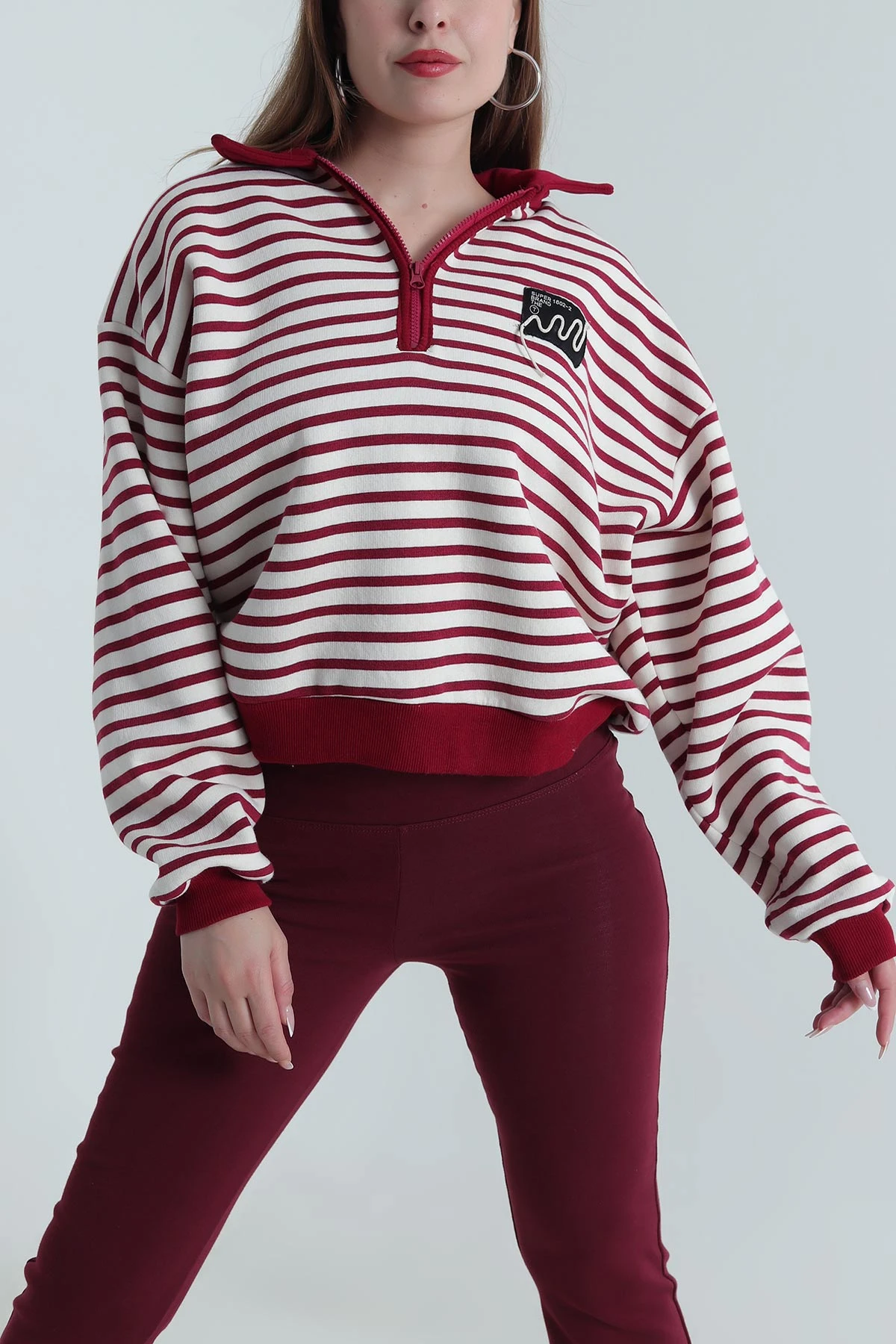 Bordo Şardonlu Polo Yaka Kadın Sweat 489514