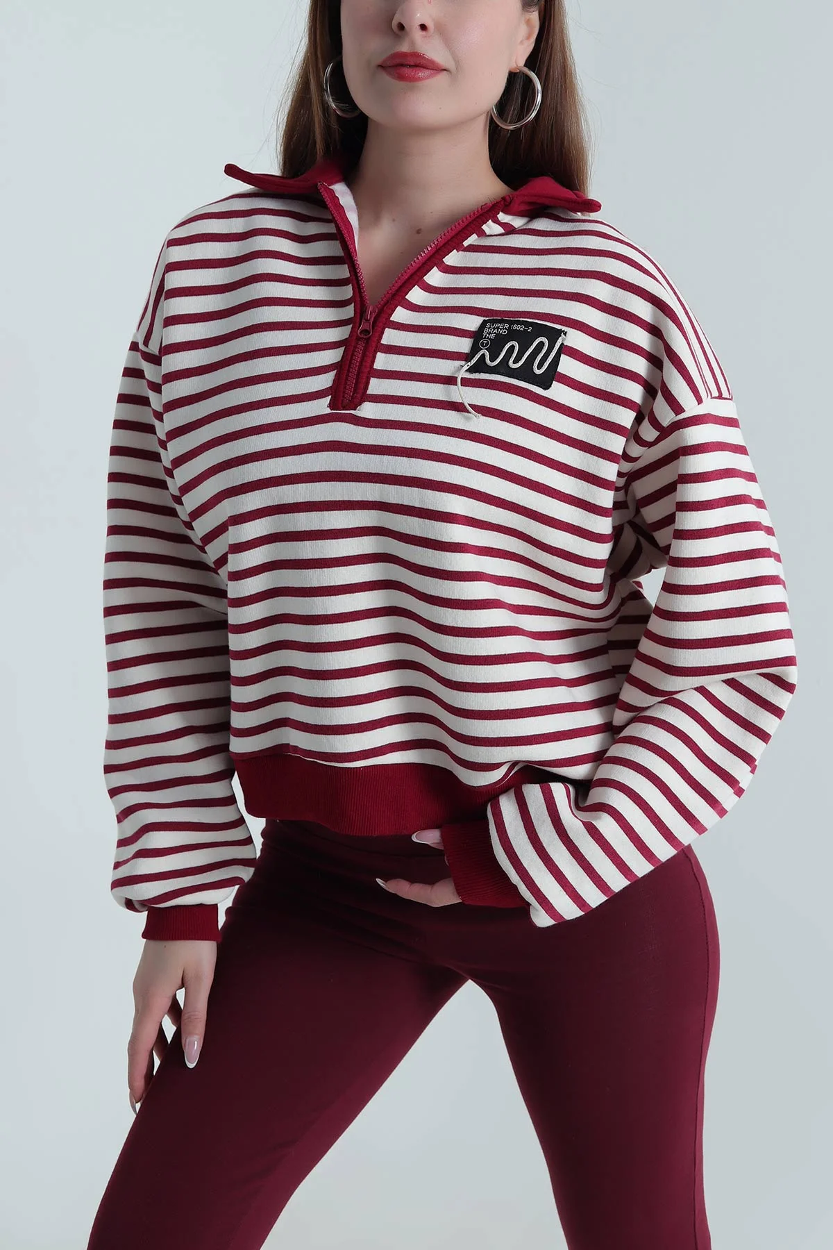 Bordo Şardonlu Polo Yaka Kadın Sweat 489514