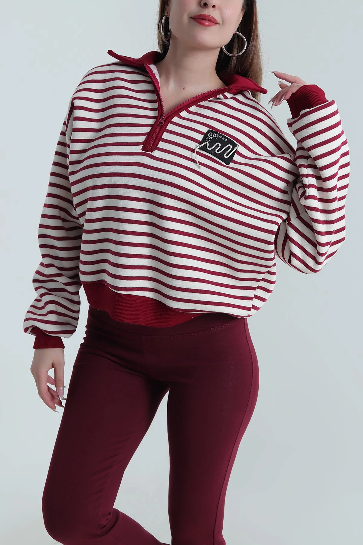 Bordo Şardonlu Polo Yaka Kadın Sweat 489514