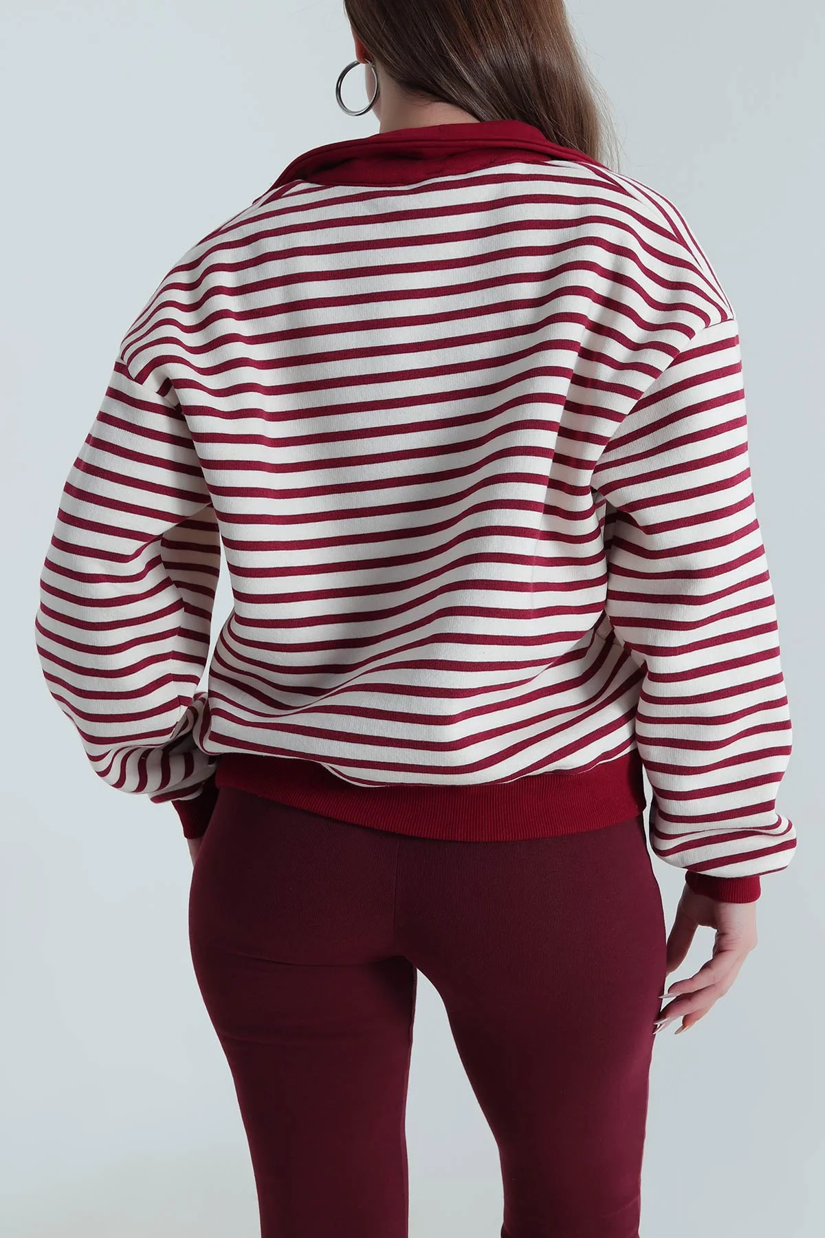 Bordo Şardonlu Polo Yaka Kadın Sweat 489514