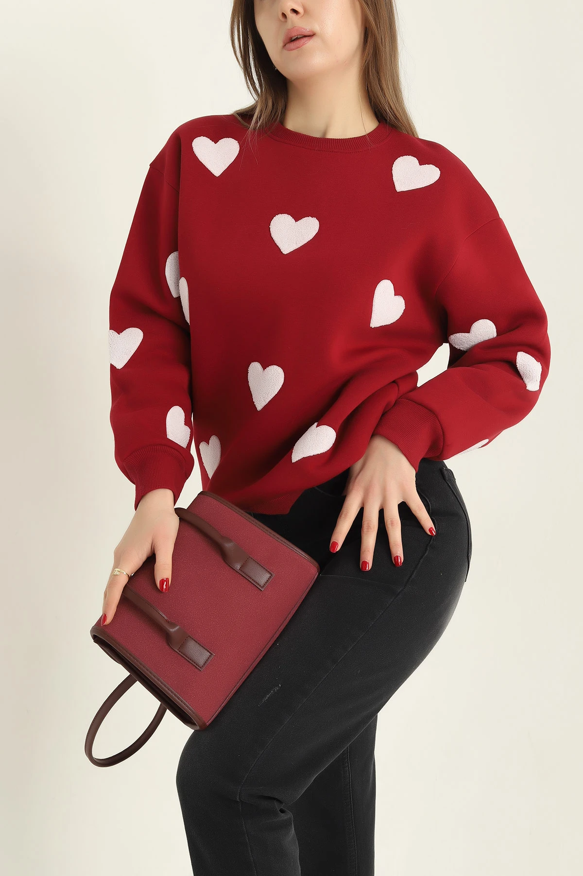 Bordo Şardonlu Süzene Nakışlı İki İp Bayan Sweat 324487