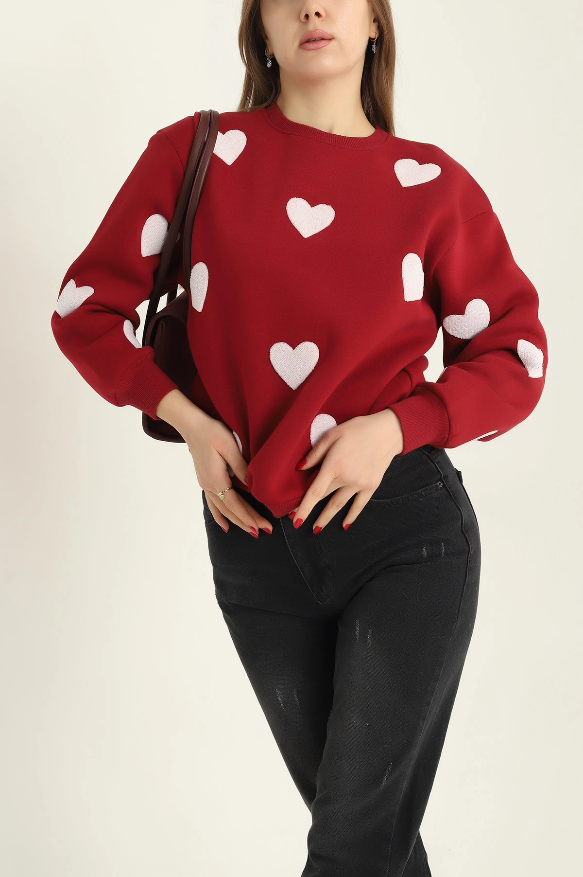 Bordo Şardonlu Süzene Nakışlı İki İp Bayan Sweat 324487