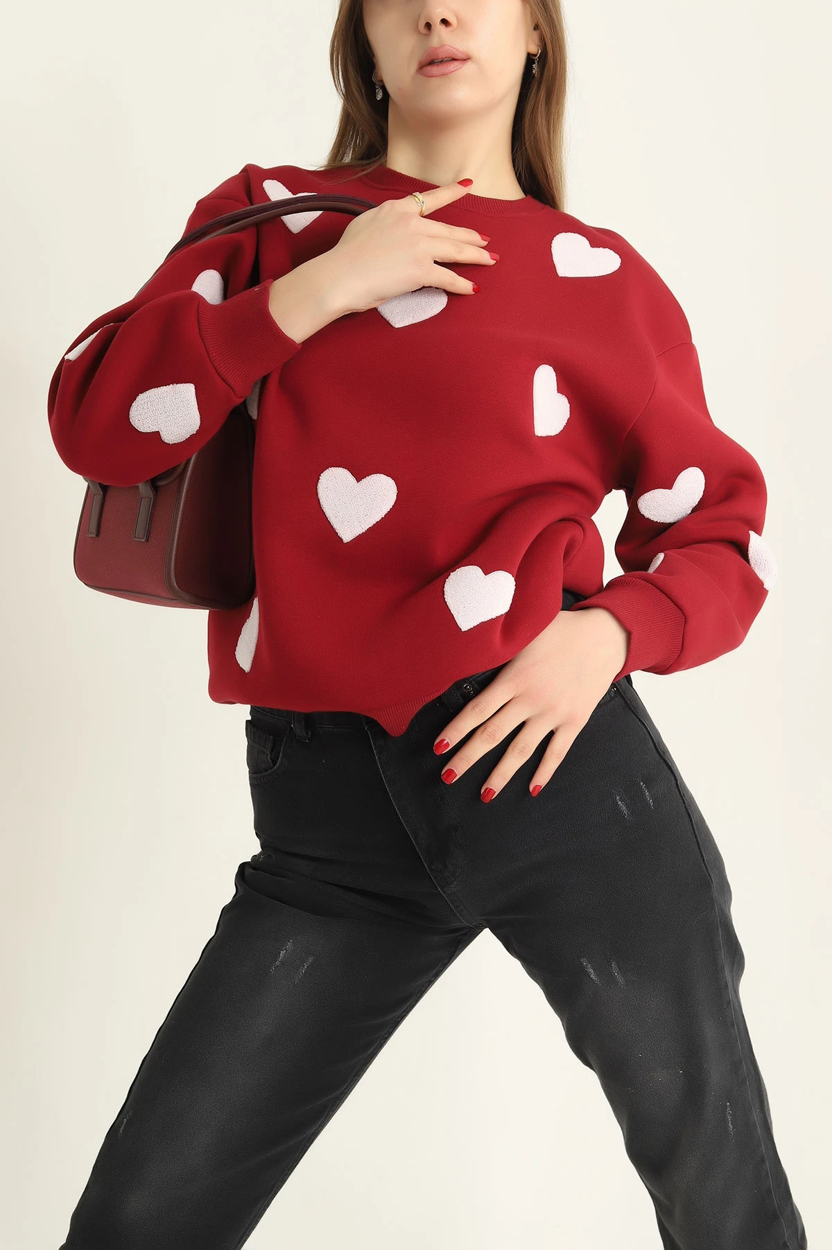 Bordo Şardonlu Süzene Nakışlı İki İp Bayan Sweat 324487