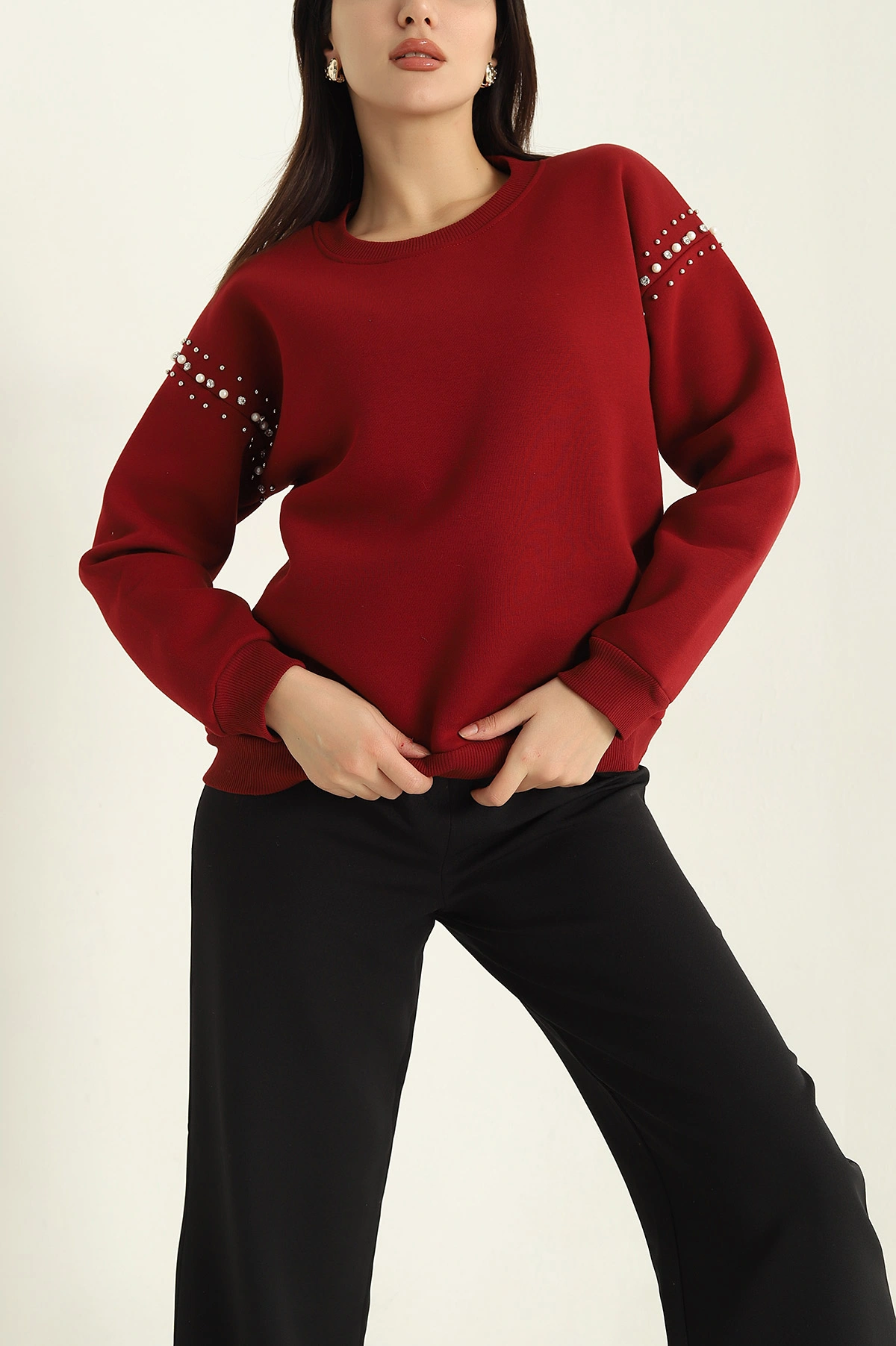 Bordo Şardonlu Taşlı İki İp Bayan Sweat 326865