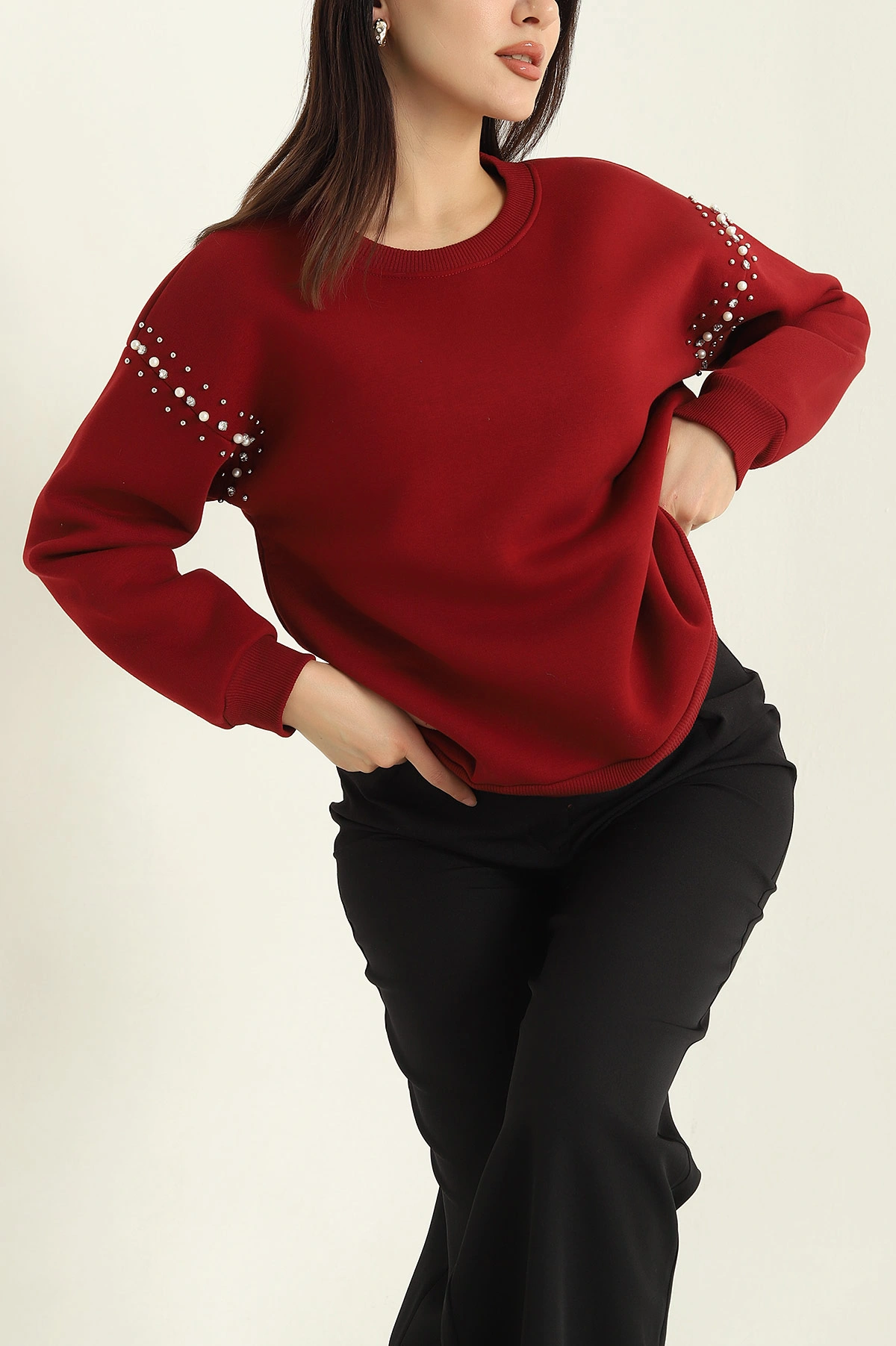 Bordo Şardonlu Taşlı İki İp Bayan Sweat 326865