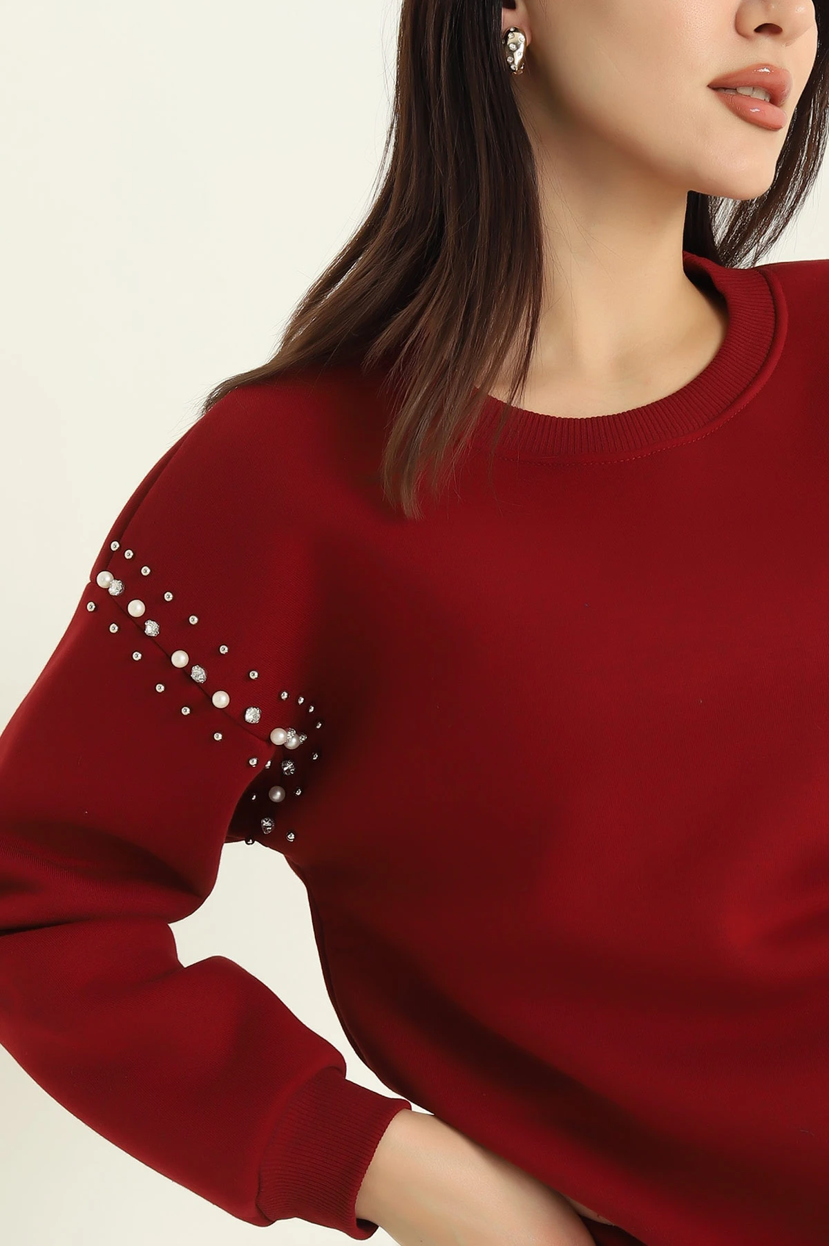 Bordo Şardonlu Taşlı İki İp Bayan Sweat 326865