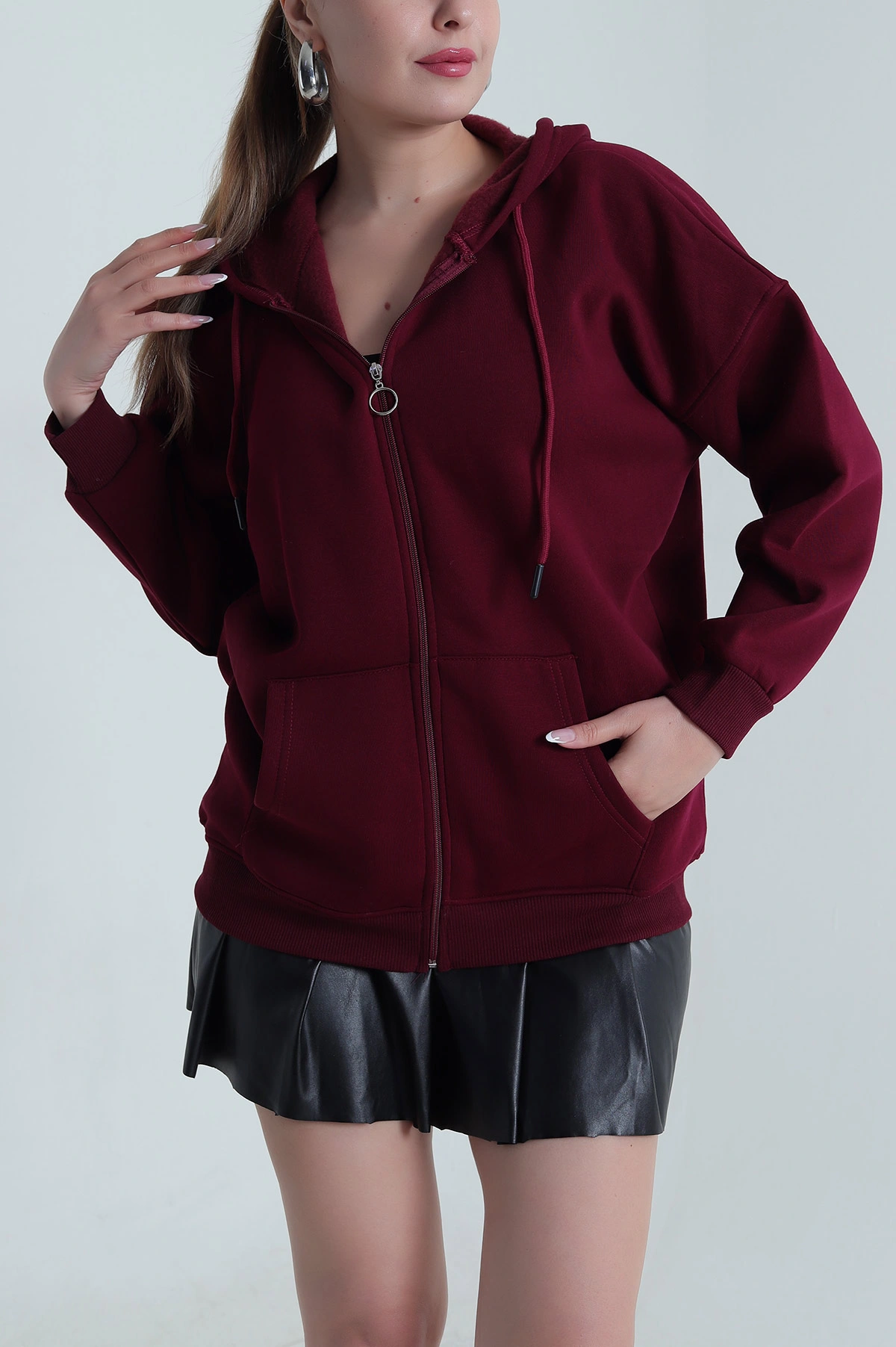 Bordo Şardonlu Üç İp Fermuarlı Kadın Sweat 484567