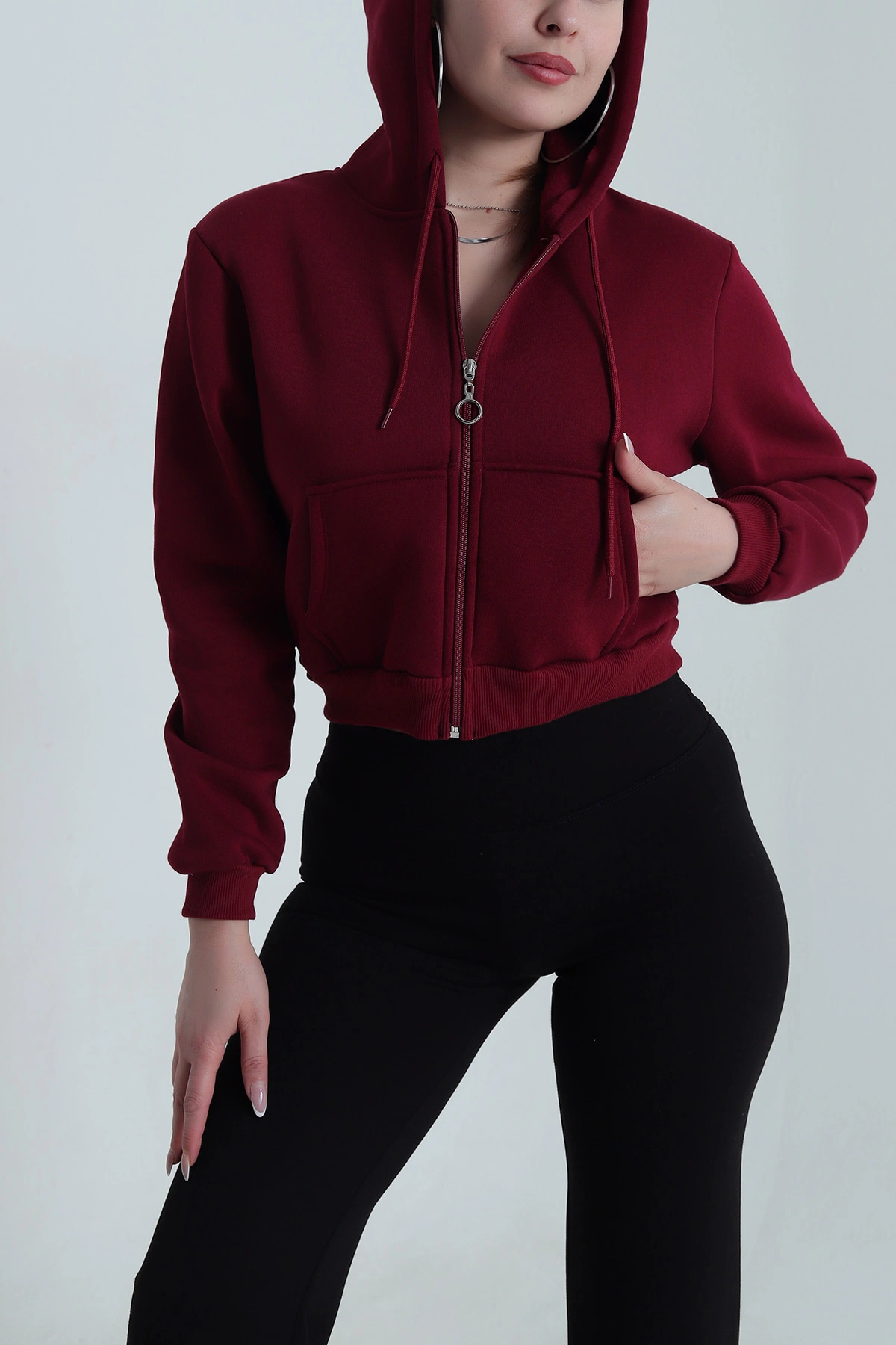 Bordo Şardonlu Üç İp Fermuarlı Kadın Sweat 490521
