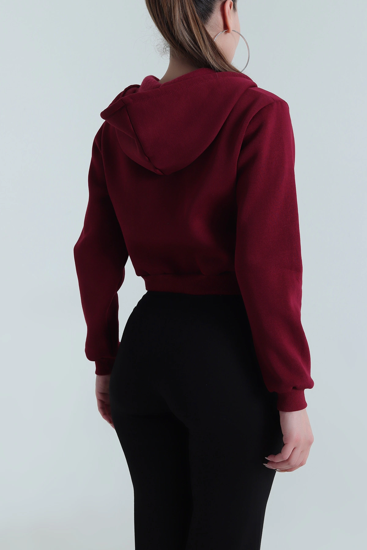 Bordo Şardonlu Üç İp Fermuarlı Kadın Sweat 490521