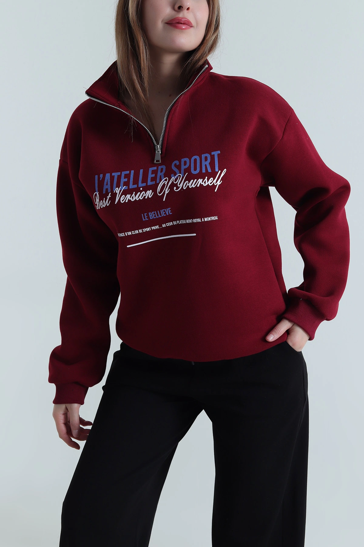 Bordo Şardonlu Üç İp Kadın Fermuarlı Sweat 494739
