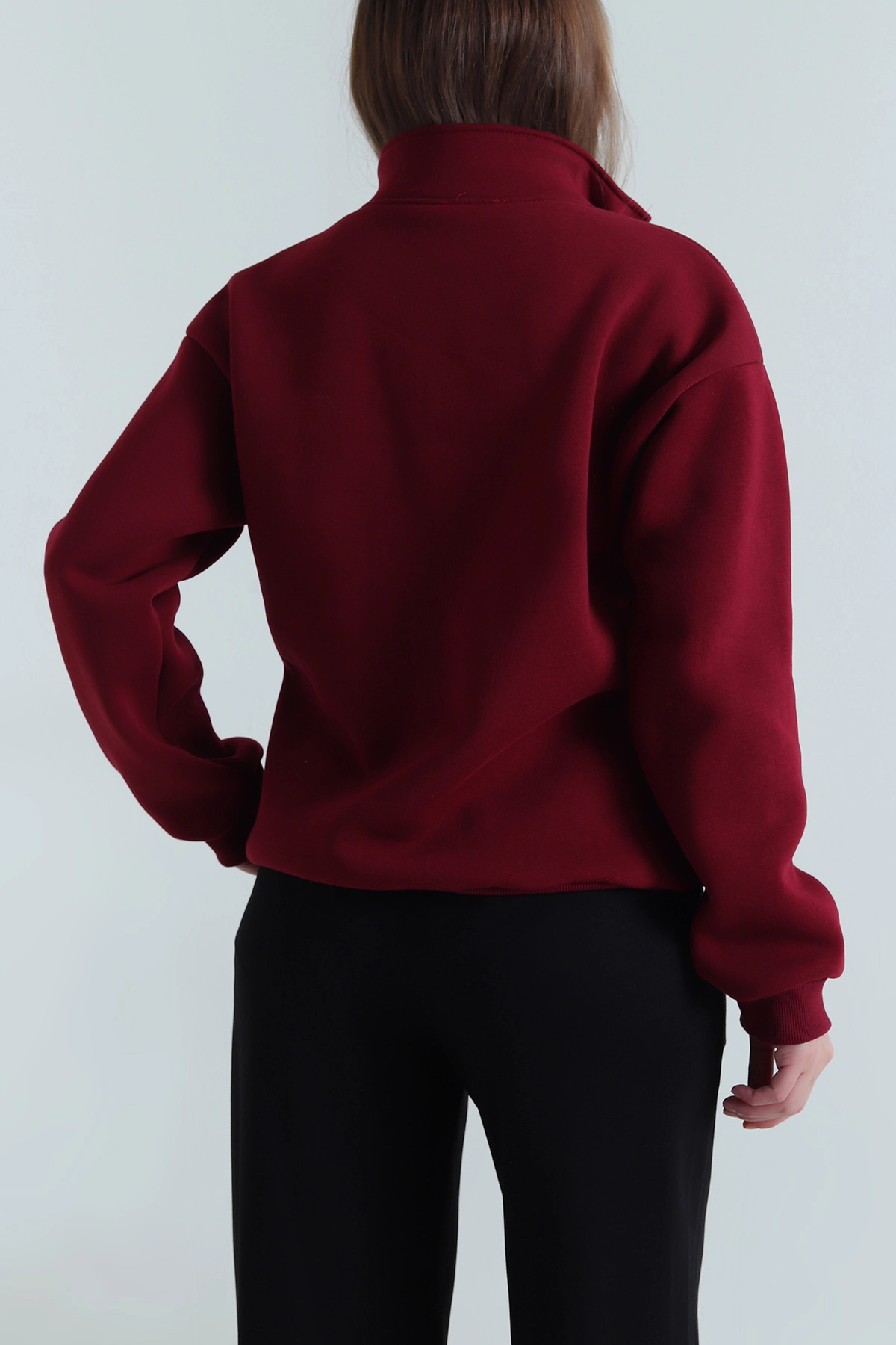 Bordo Şardonlu Üç İp Kadın Fermuarlı Sweat 494739